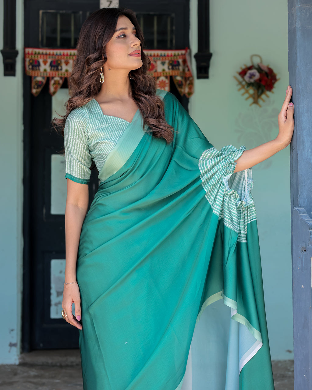 Emerald Green Satin Georgette Designer Saree with Striped Mandala Detail & Mint Textured Blouse | Handsfree Pallu Loop