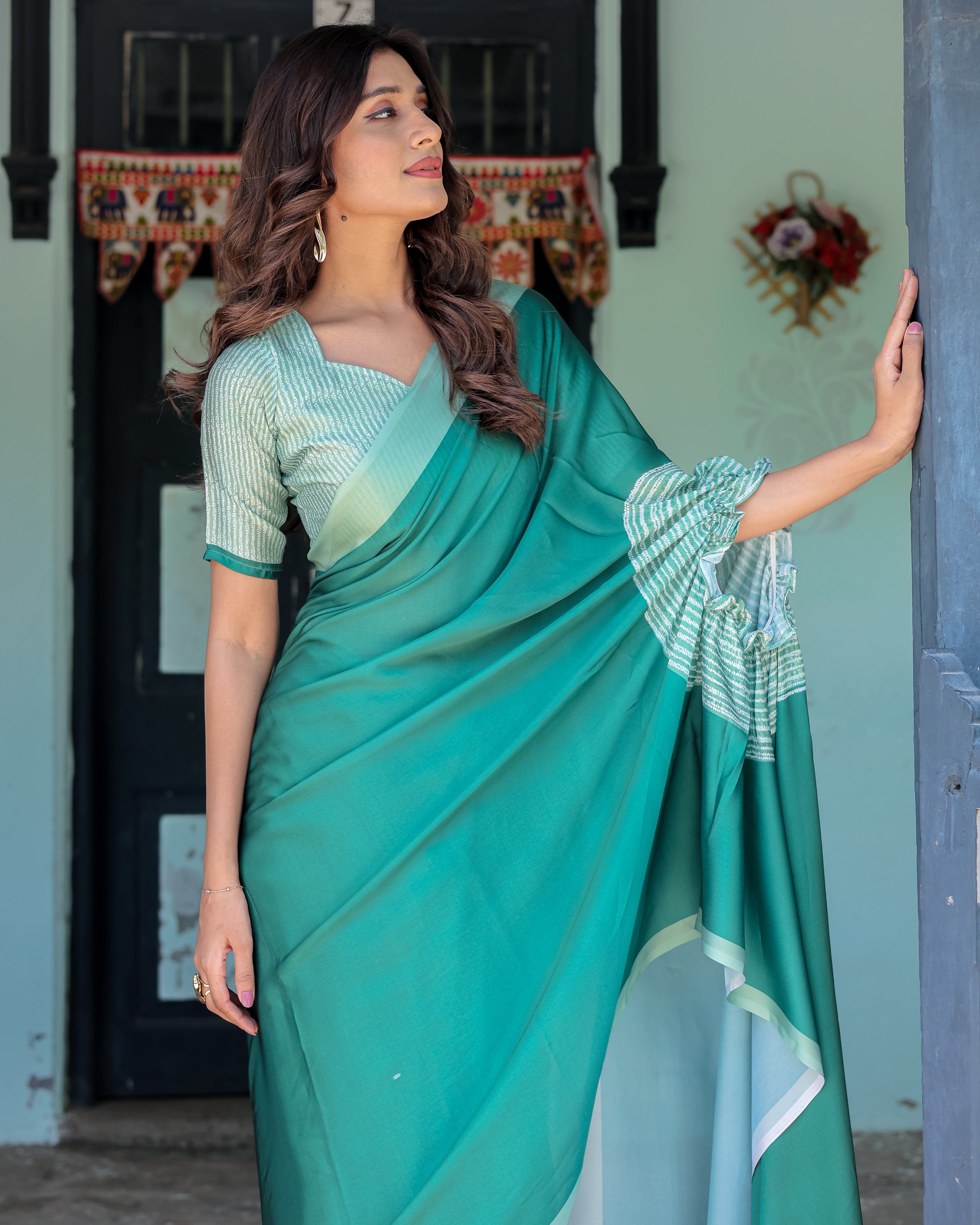 Emerald Green Satin Georgette Designer Saree with Striped Mandala Detail & Mint Textured Blouse | Handsfree Pallu Loop