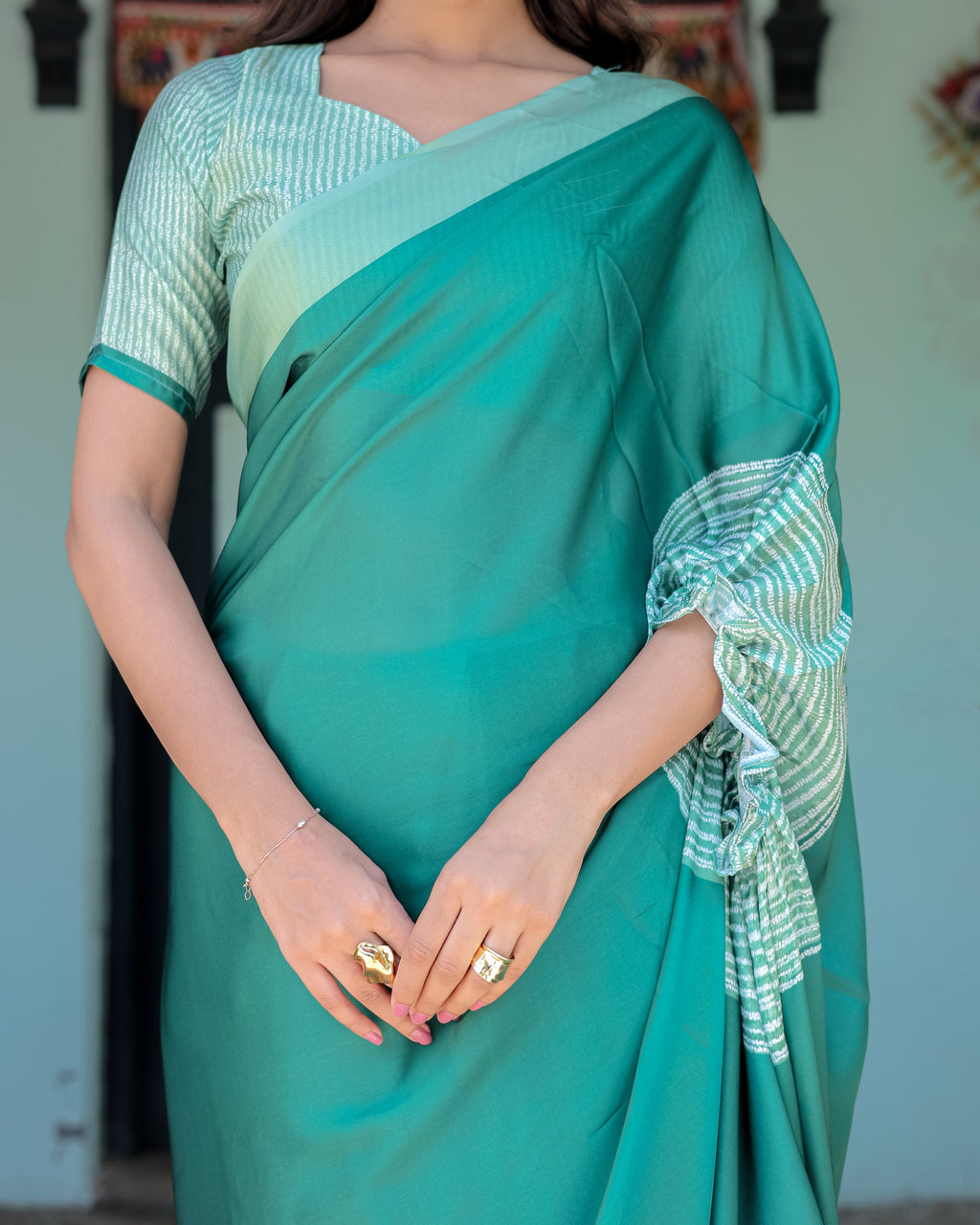 Emerald Green Satin Georgette Designer Saree with Striped Mandala Detail & Mint Textured Blouse | Handsfree Pallu Loop