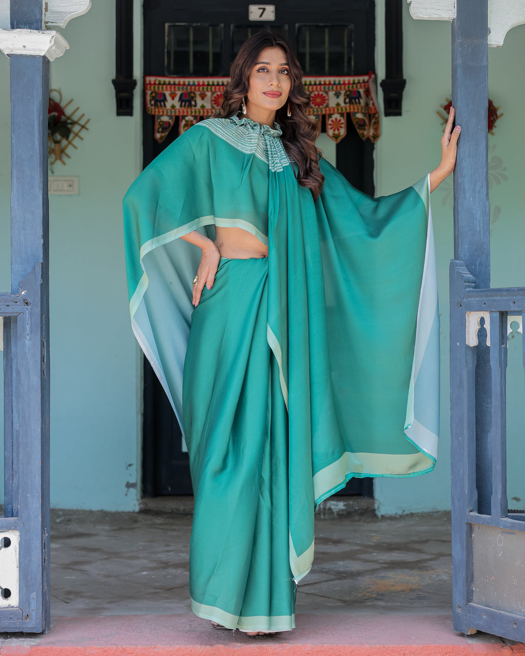 Emerald Green Satin Georgette Designer Saree with Striped Mandala Detail & Mint Textured Blouse | Handsfree Pallu Loop