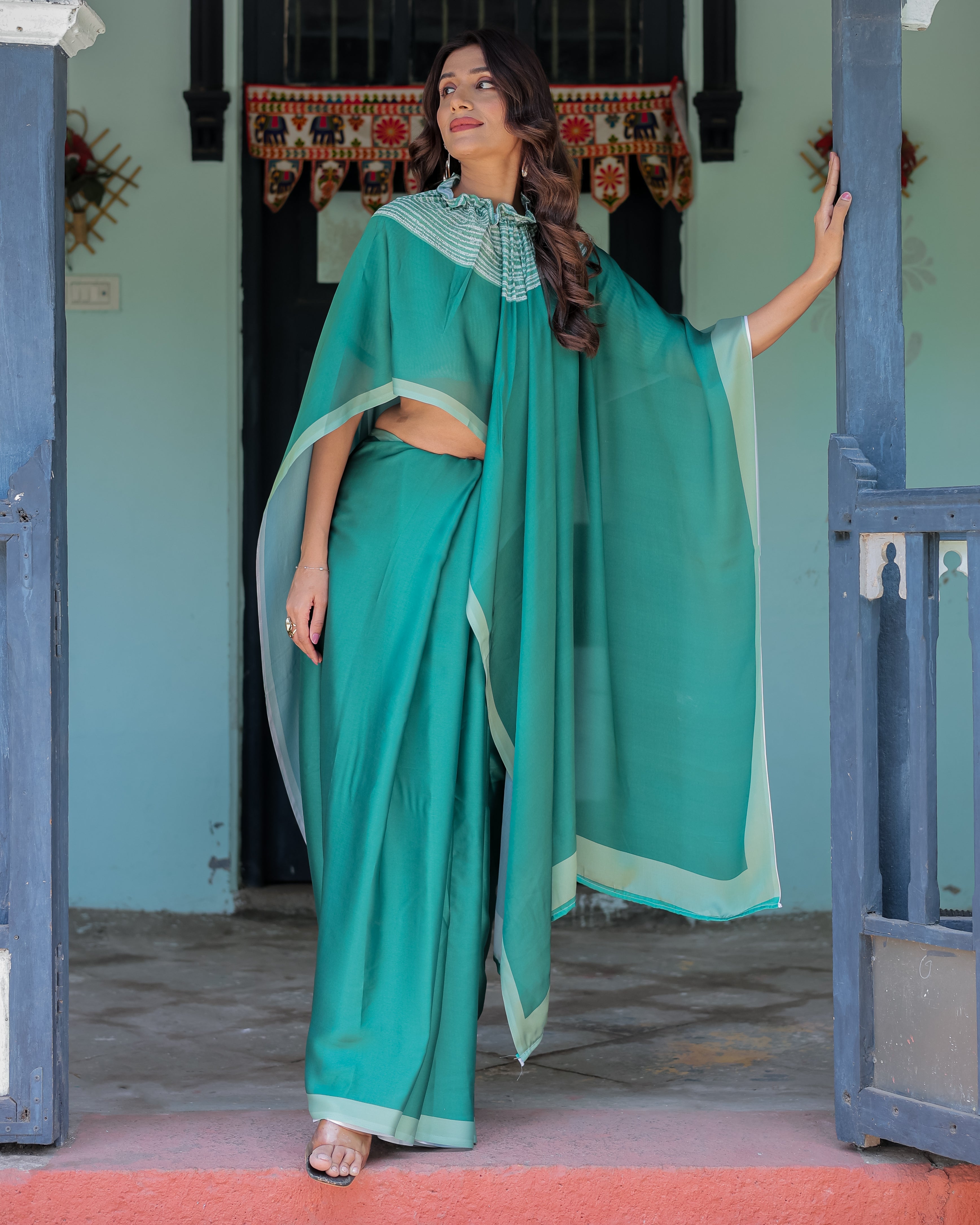 Emerald Green Satin Georgette Designer Saree with Striped Mandala Detail & Mint Textured Blouse | Handsfree Pallu Loop