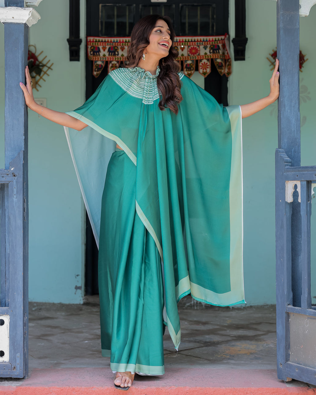 Emerald Green Satin Georgette Designer Saree with Striped Mandala Detail & Mint Textured Blouse | Handsfree Pallu Loop