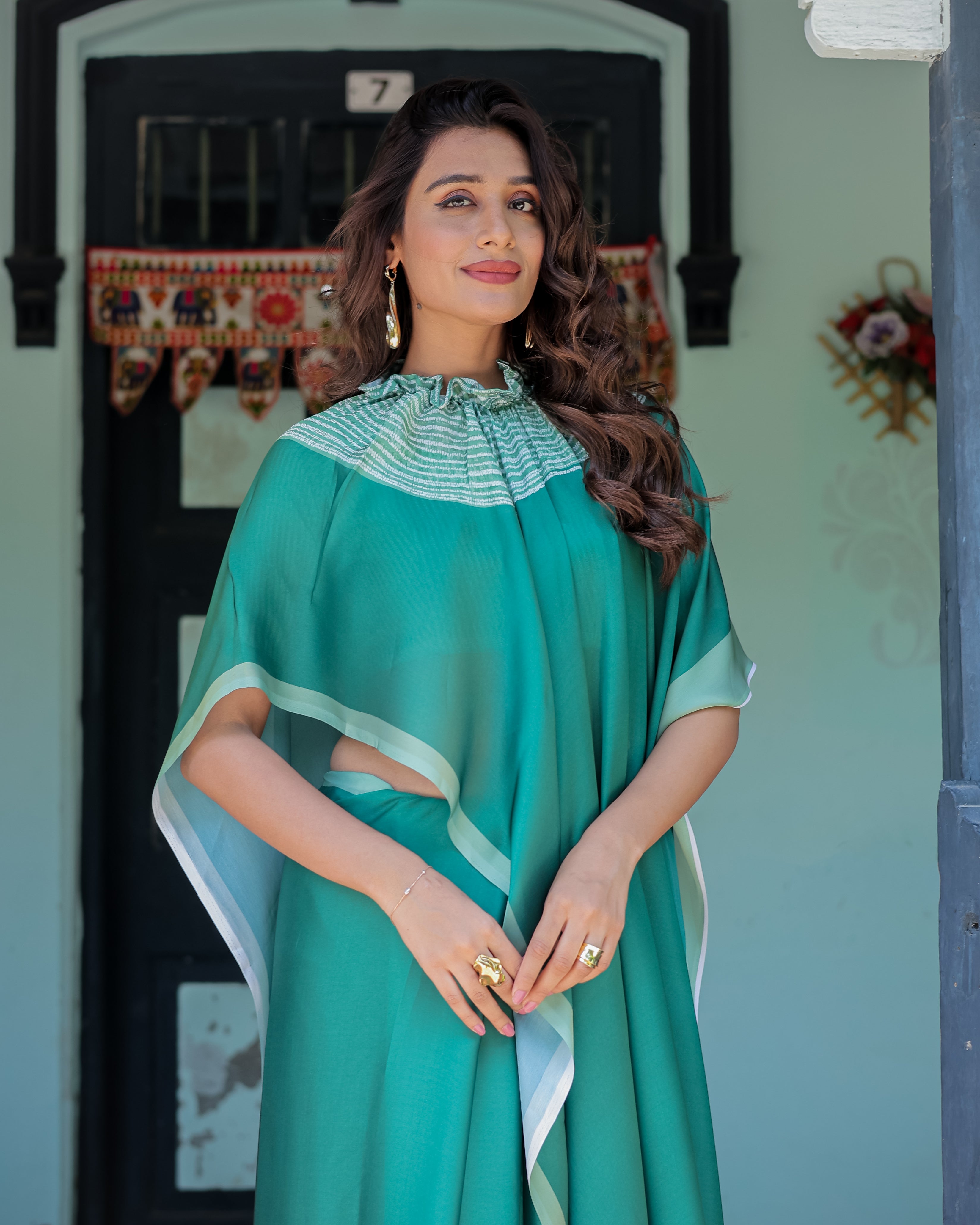 Emerald Green Satin Georgette Designer Saree with Striped Mandala Detail & Mint Textured Blouse | Handsfree Pallu Loop