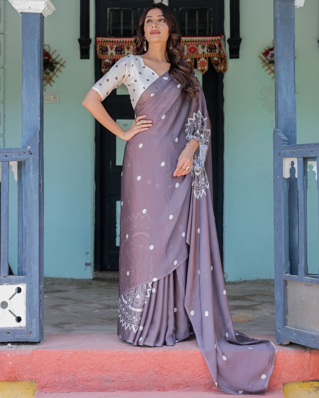 Mocha Beige Satin Georgette Saree with White Polka Dots & Mandala Pallu | Designer Freehand Saree with Handsfree Pallu Loop