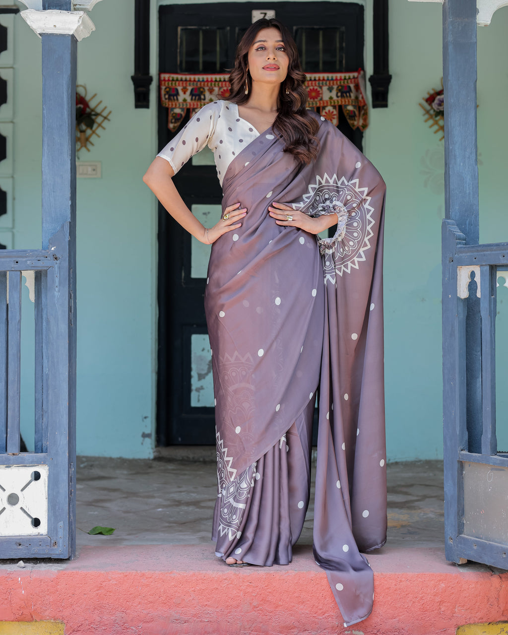 Mocha Beige Satin Georgette Saree with White Polka Dots & Mandala Pallu | Designer Freehand Saree with Handsfree Pallu Loop
