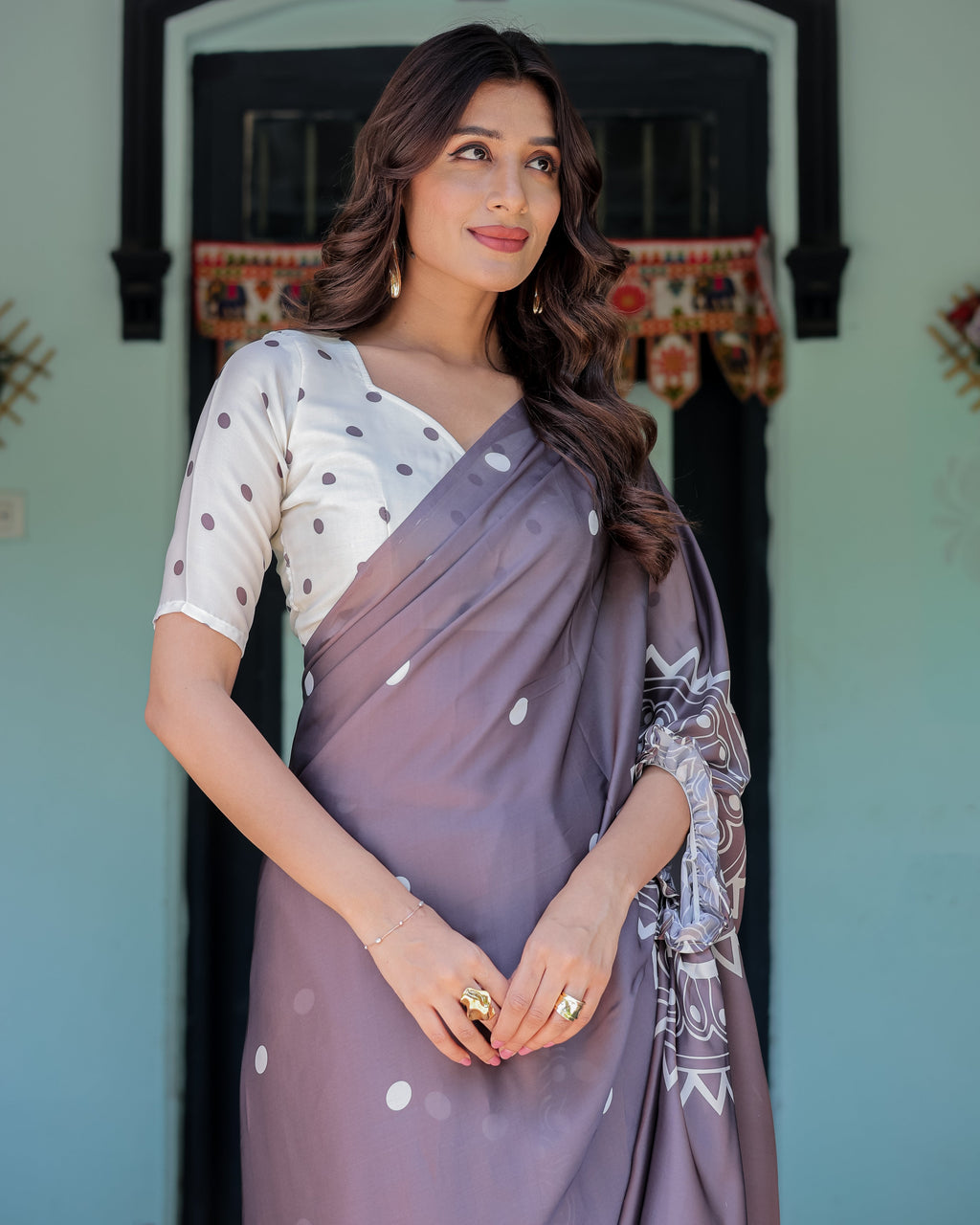 Mocha Beige Satin Georgette Saree with White Polka Dots & Mandala Pallu | Designer Freehand Saree with Handsfree Pallu Loop