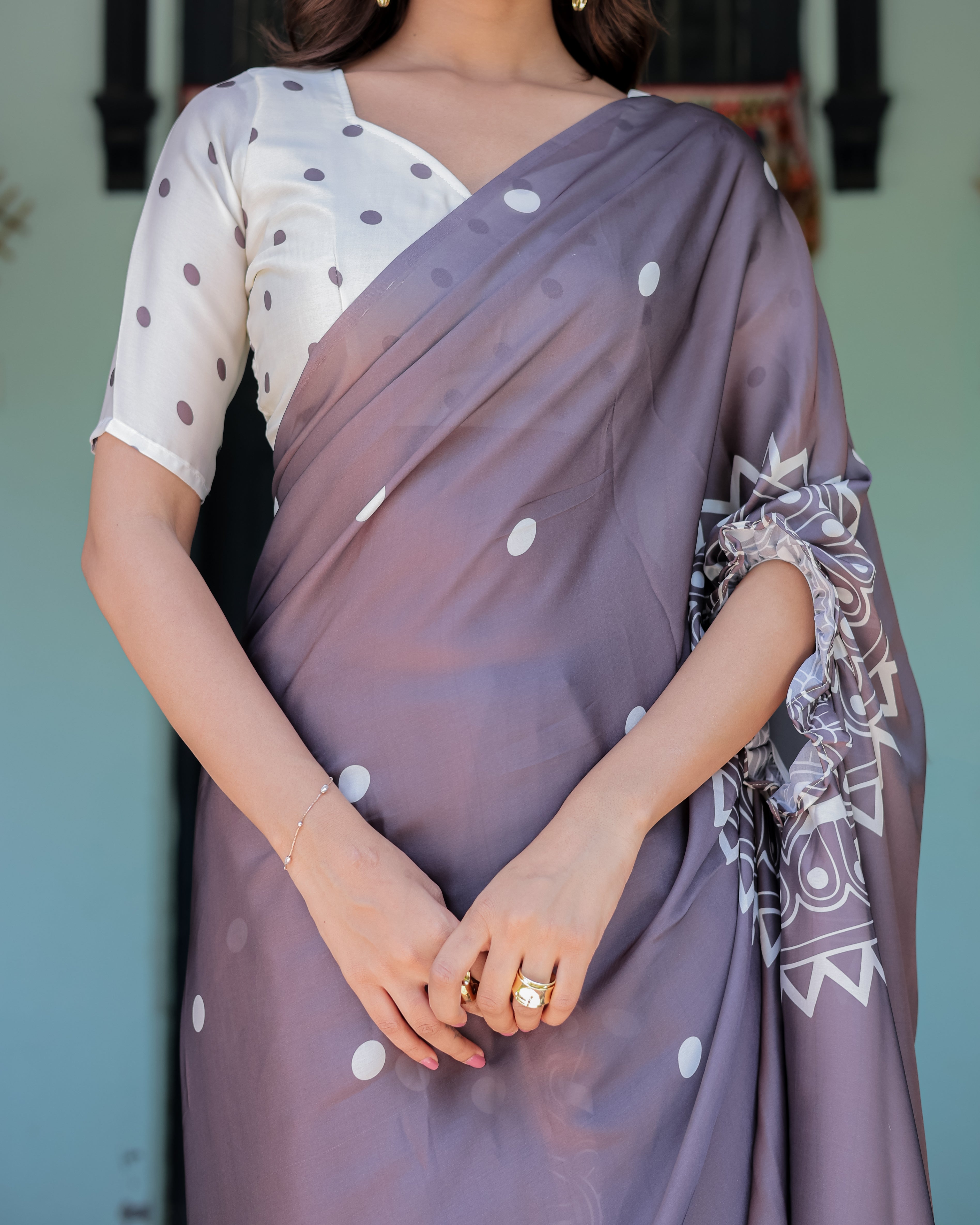 Mocha Beige Satin Georgette Saree with White Polka Dots & Mandala Pallu | Designer Freehand Saree with Handsfree Pallu Loop