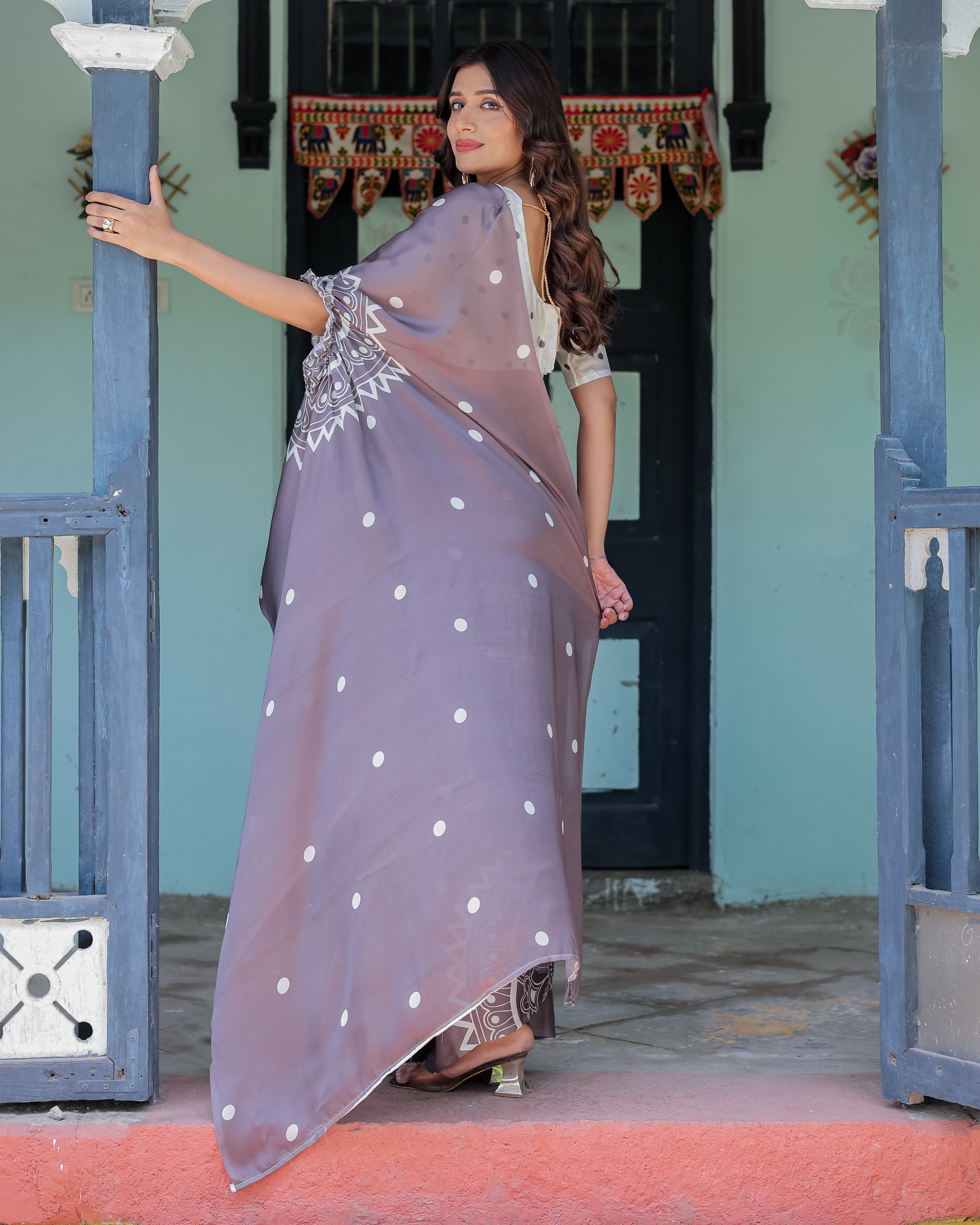 Mocha Beige Satin Georgette Saree with White Polka Dots & Mandala Pallu | Designer Freehand Saree with Handsfree Pallu Loop