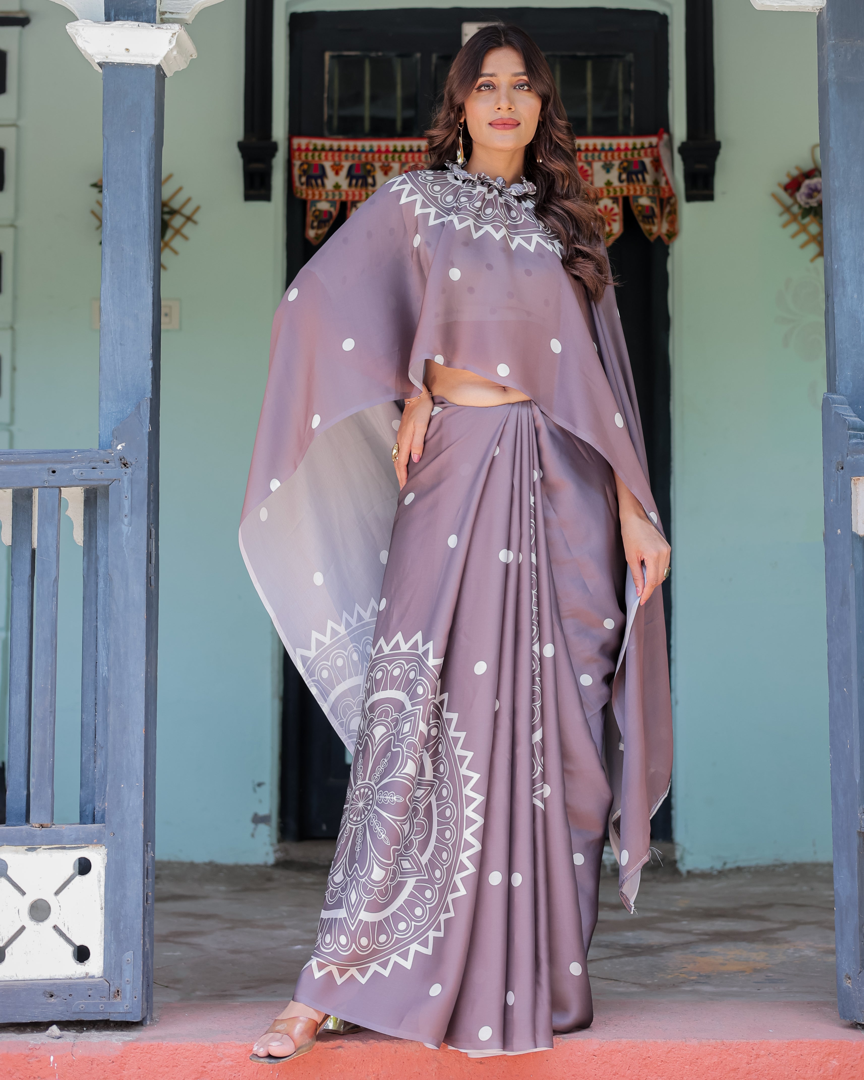Mocha Beige Satin Georgette Saree with White Polka Dots & Mandala Pallu | Designer Freehand Saree with Handsfree Pallu Loop