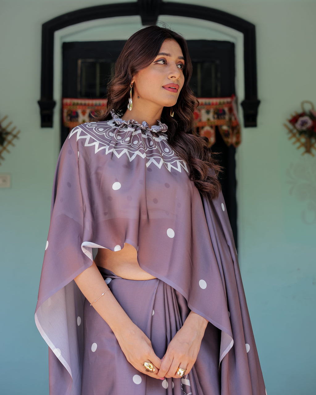 Mocha Beige Satin Georgette Saree with White Polka Dots & Mandala Pallu | Designer Freehand Saree with Handsfree Pallu Loop