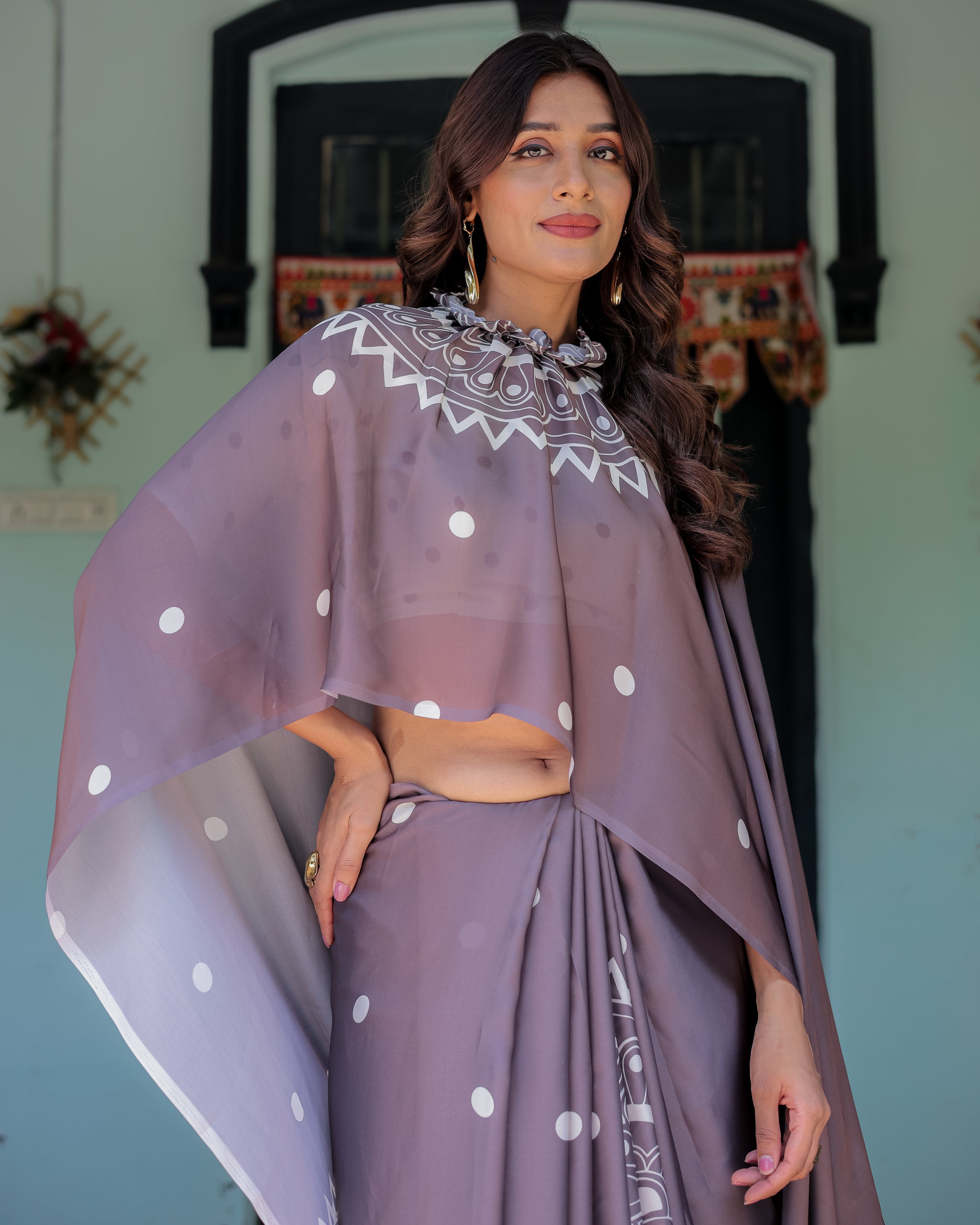 Mocha Beige Satin Georgette Saree with White Polka Dots & Mandala Pallu | Designer Freehand Saree with Handsfree Pallu Loop