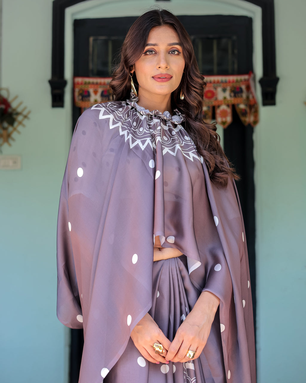 Mocha Beige Satin Georgette Saree with White Polka Dots & Mandala Pallu | Designer Freehand Saree with Handsfree Pallu Loop