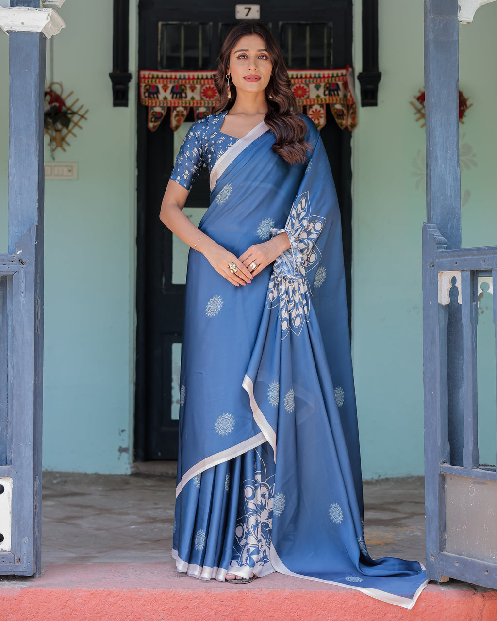 Ocean Blue Satin Georgette Freehand Saree with White Mandala Motifs & Printed Ikat Blouse | Handsfree Loop Drape