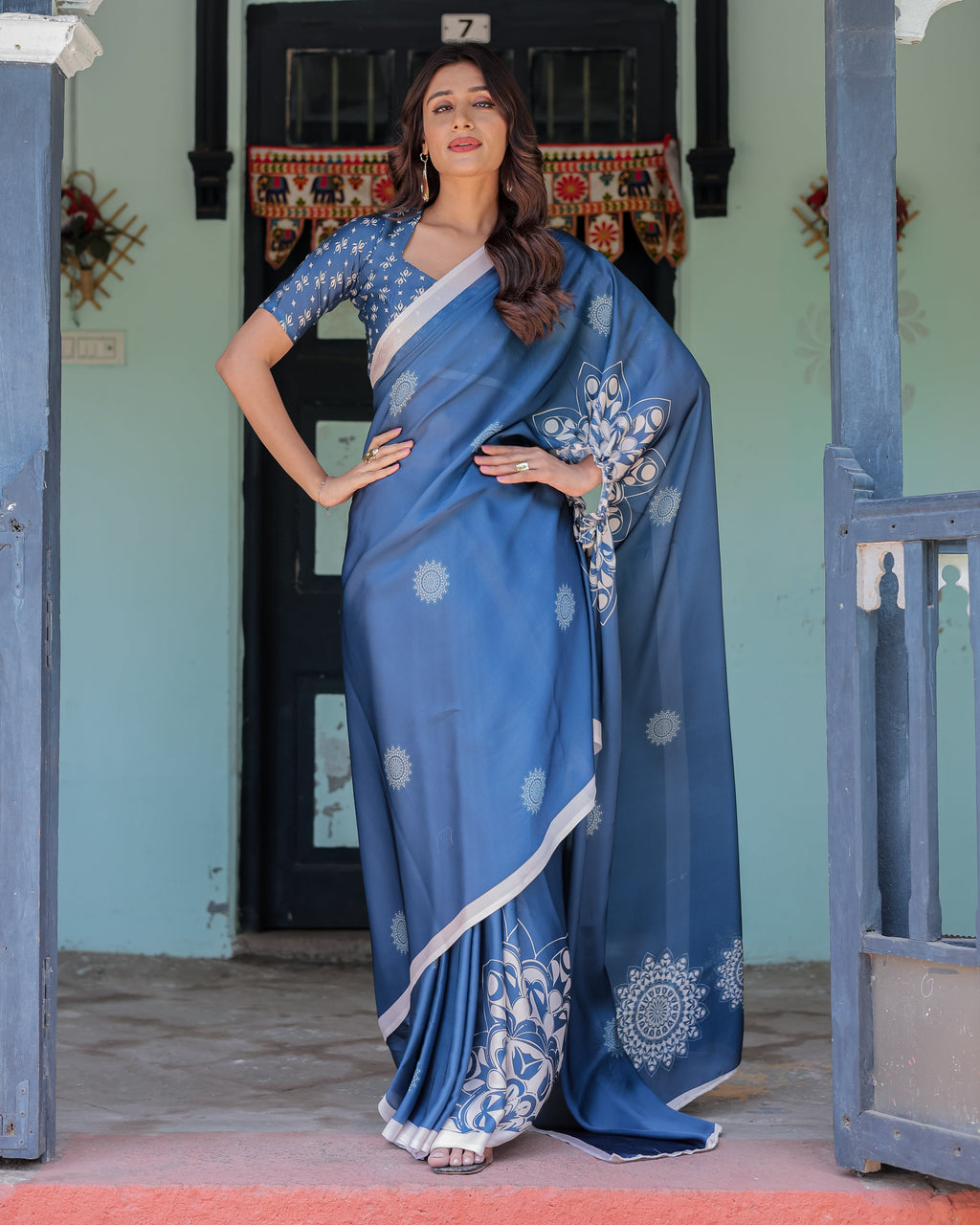 Ocean Blue Satin Georgette Freehand Saree with White Mandala Motifs & Printed Ikat Blouse | Handsfree Loop Drape