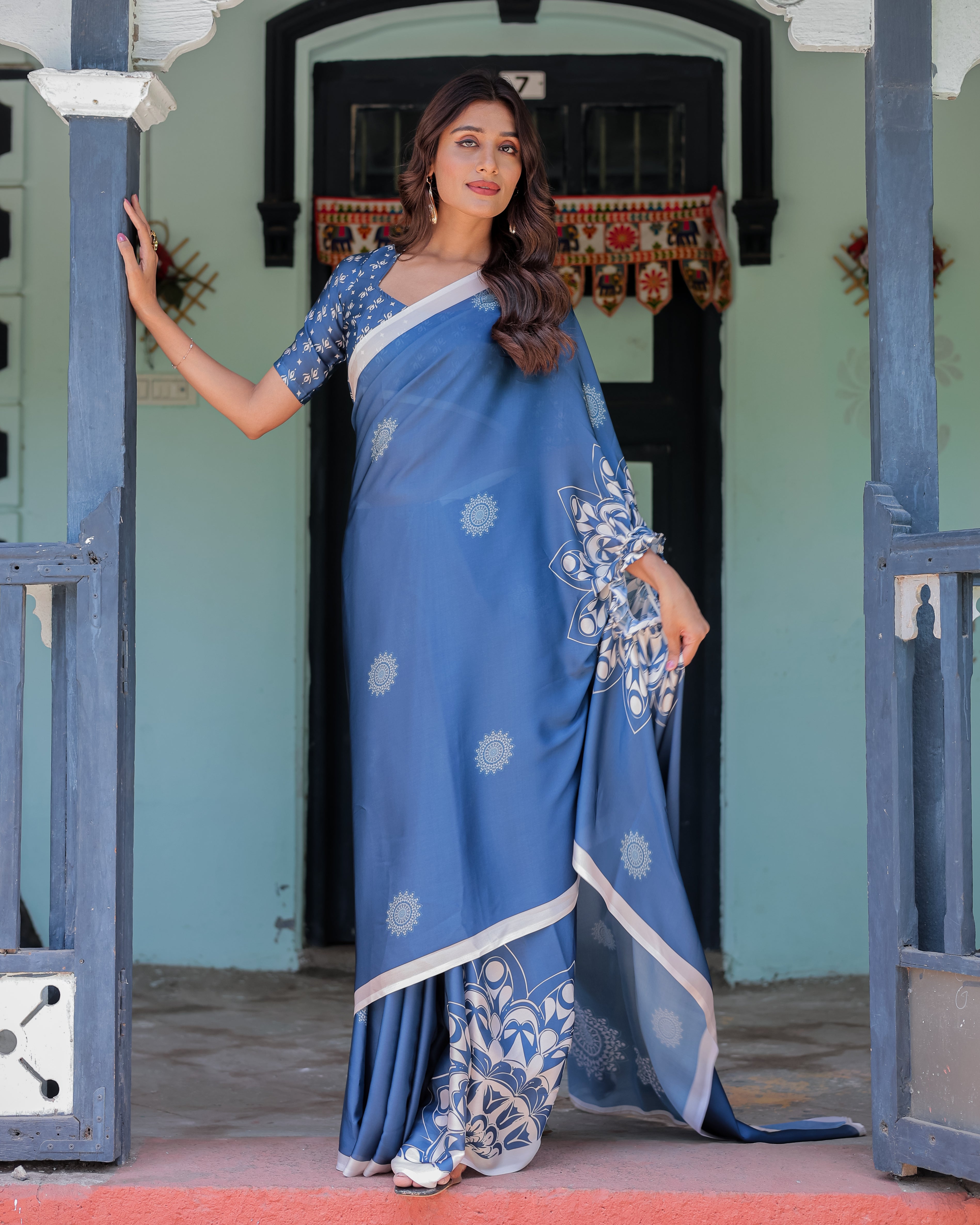 Ocean Blue Satin Georgette Freehand Saree with White Mandala Motifs & Printed Ikat Blouse | Handsfree Loop Drape