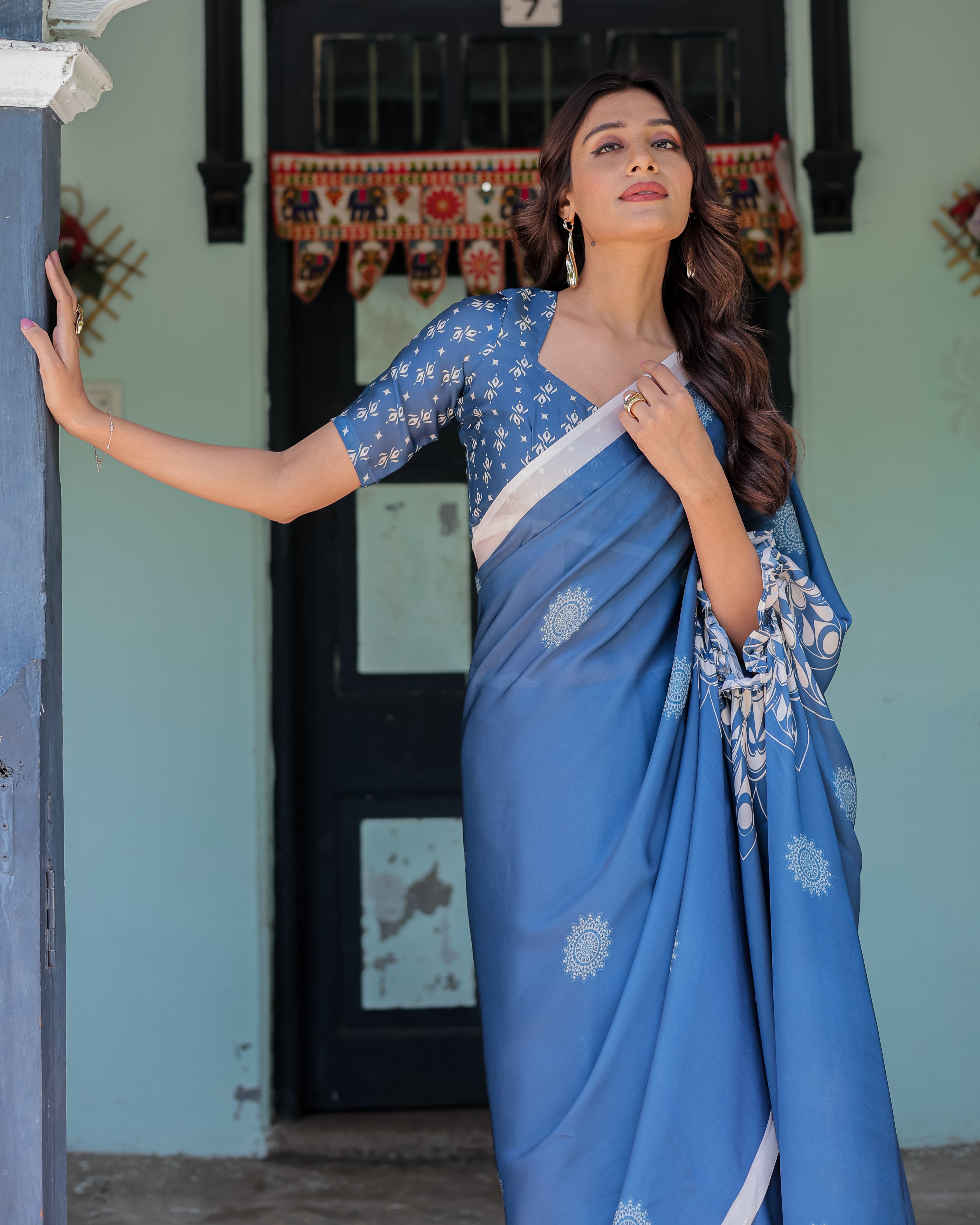 Ocean Blue Satin Georgette Freehand Saree with White Mandala Motifs & Printed Ikat Blouse | Handsfree Loop Drape