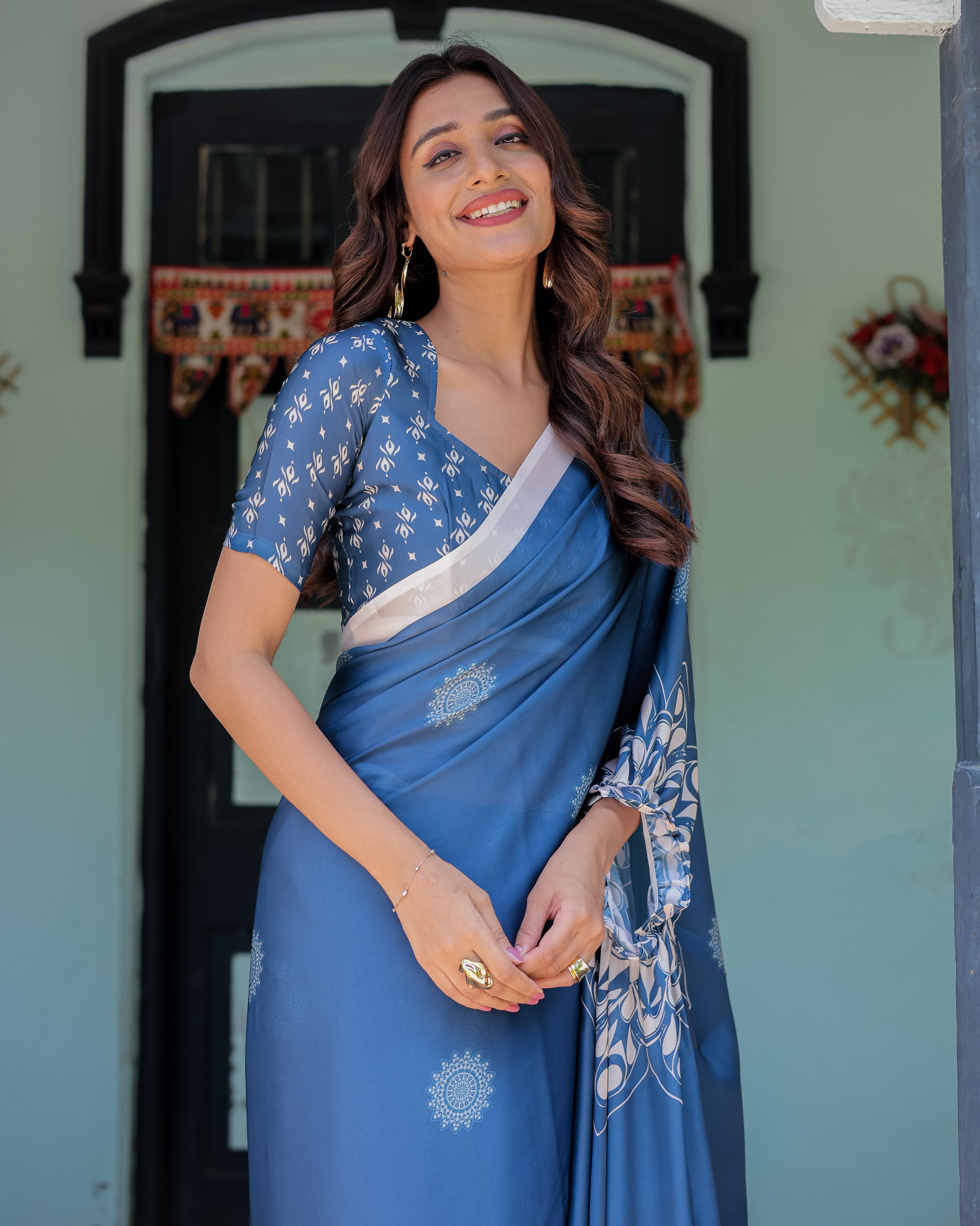 Ocean Blue Satin Georgette Freehand Saree with White Mandala Motifs & Printed Ikat Blouse | Handsfree Loop Drape
