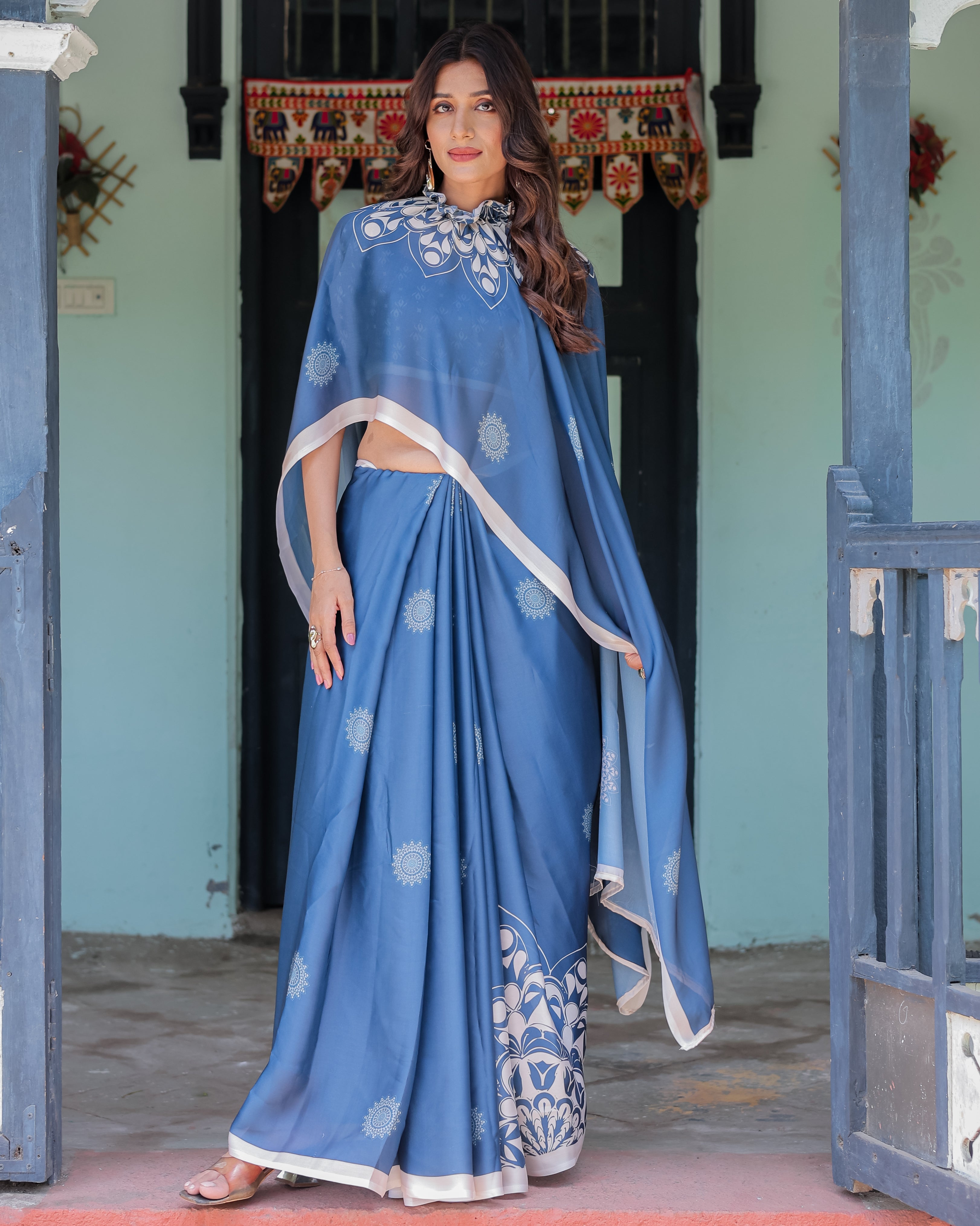 Ocean Blue Satin Georgette Freehand Saree with White Mandala Motifs & Printed Ikat Blouse | Handsfree Loop Drape