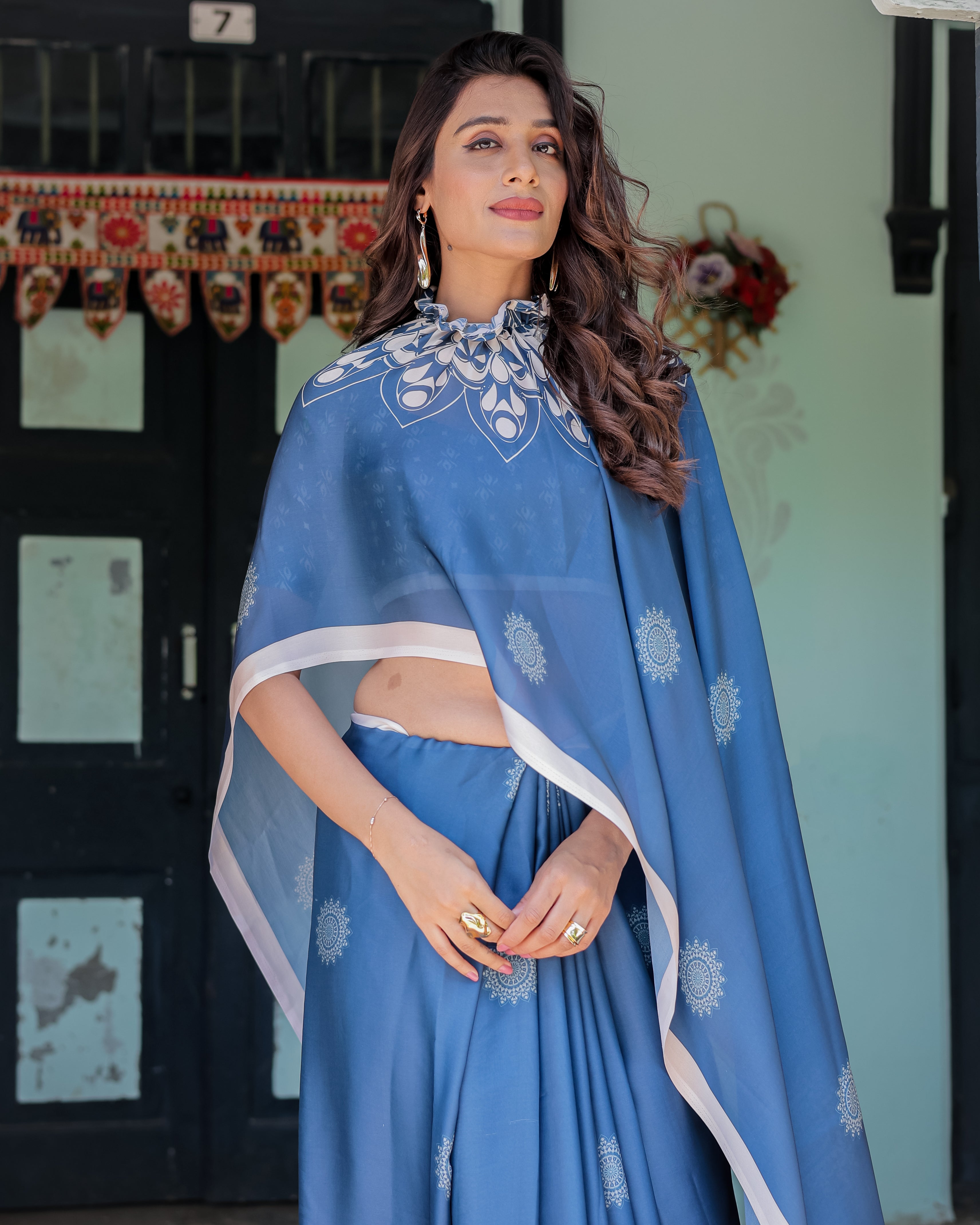 Ocean Blue Satin Georgette Freehand Saree with White Mandala Motifs & Printed Ikat Blouse | Handsfree Loop Drape