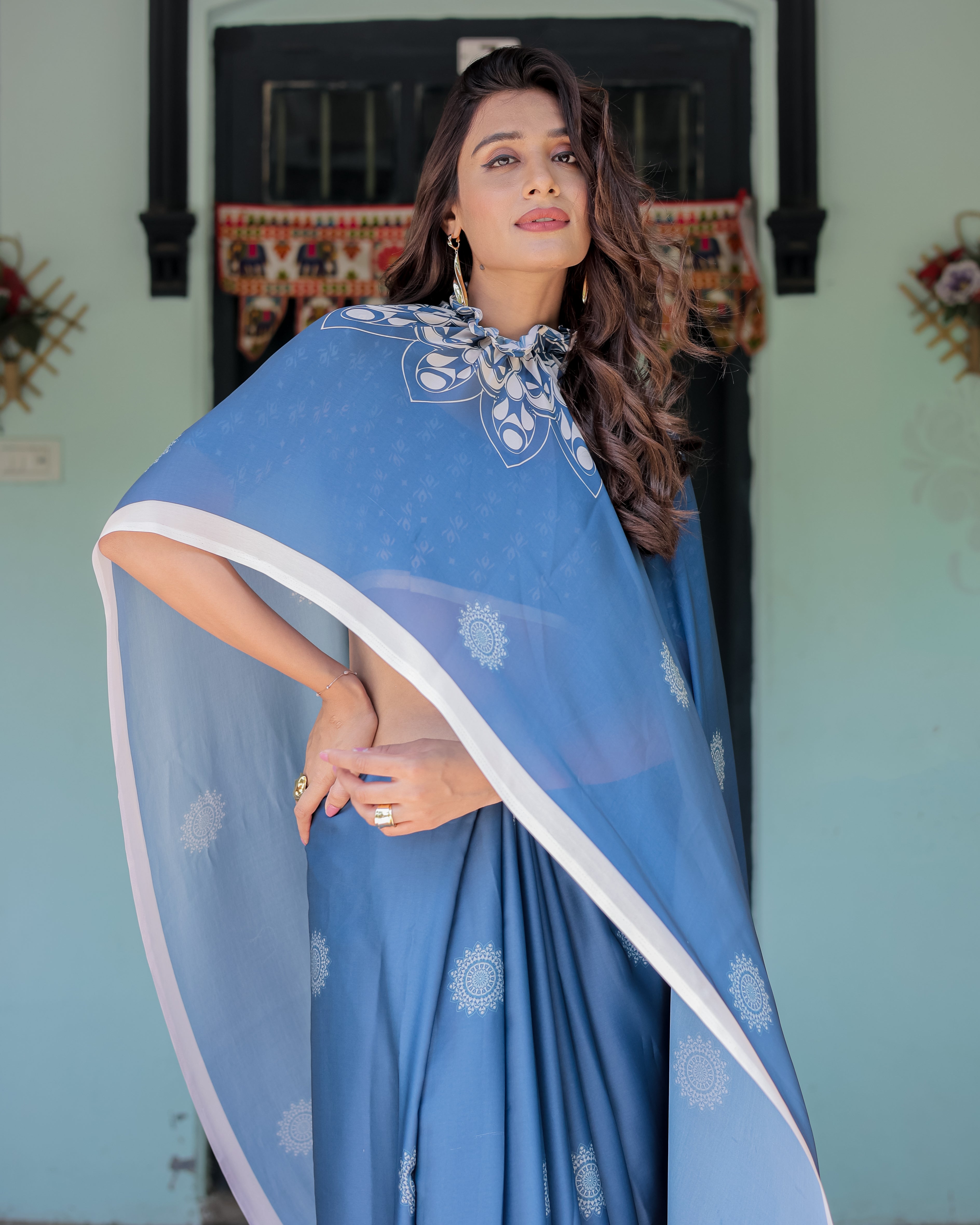 Ocean Blue Satin Georgette Freehand Saree with White Mandala Motifs & Printed Ikat Blouse | Handsfree Loop Drape