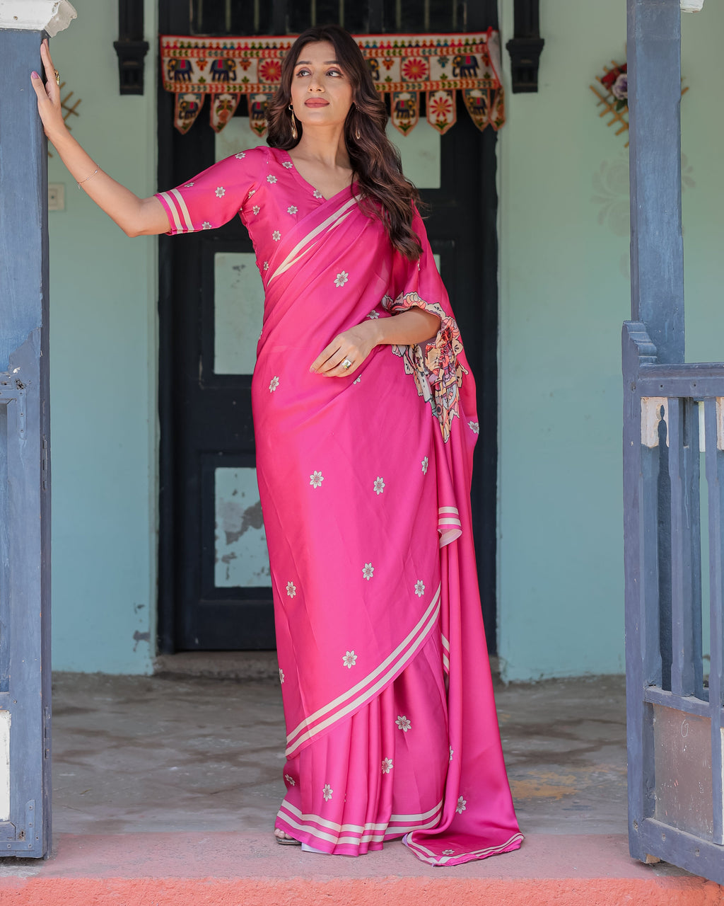 Vibrant Rani Pink Freehand Floral Printed Saree in Satin Georgette with Ivory Border & Designer Blouse | 5.5m Saree + 0.8m Blouse Piece