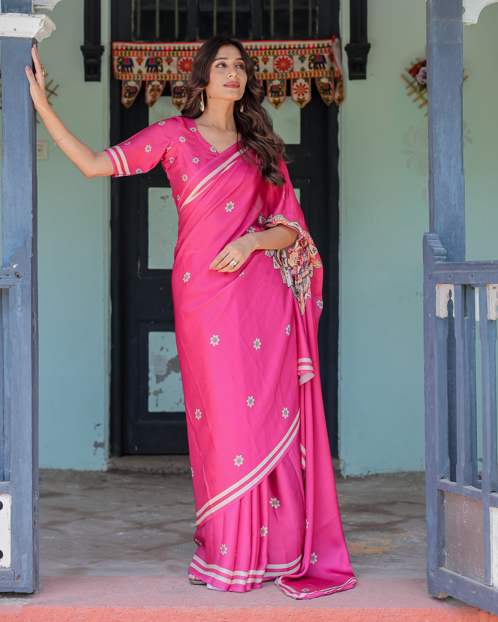 Vibrant Rani Pink Freehand Floral Printed Saree in Satin Georgette with Ivory Border & Designer Blouse | 5.5m Saree + 0.8m Blouse Piece
