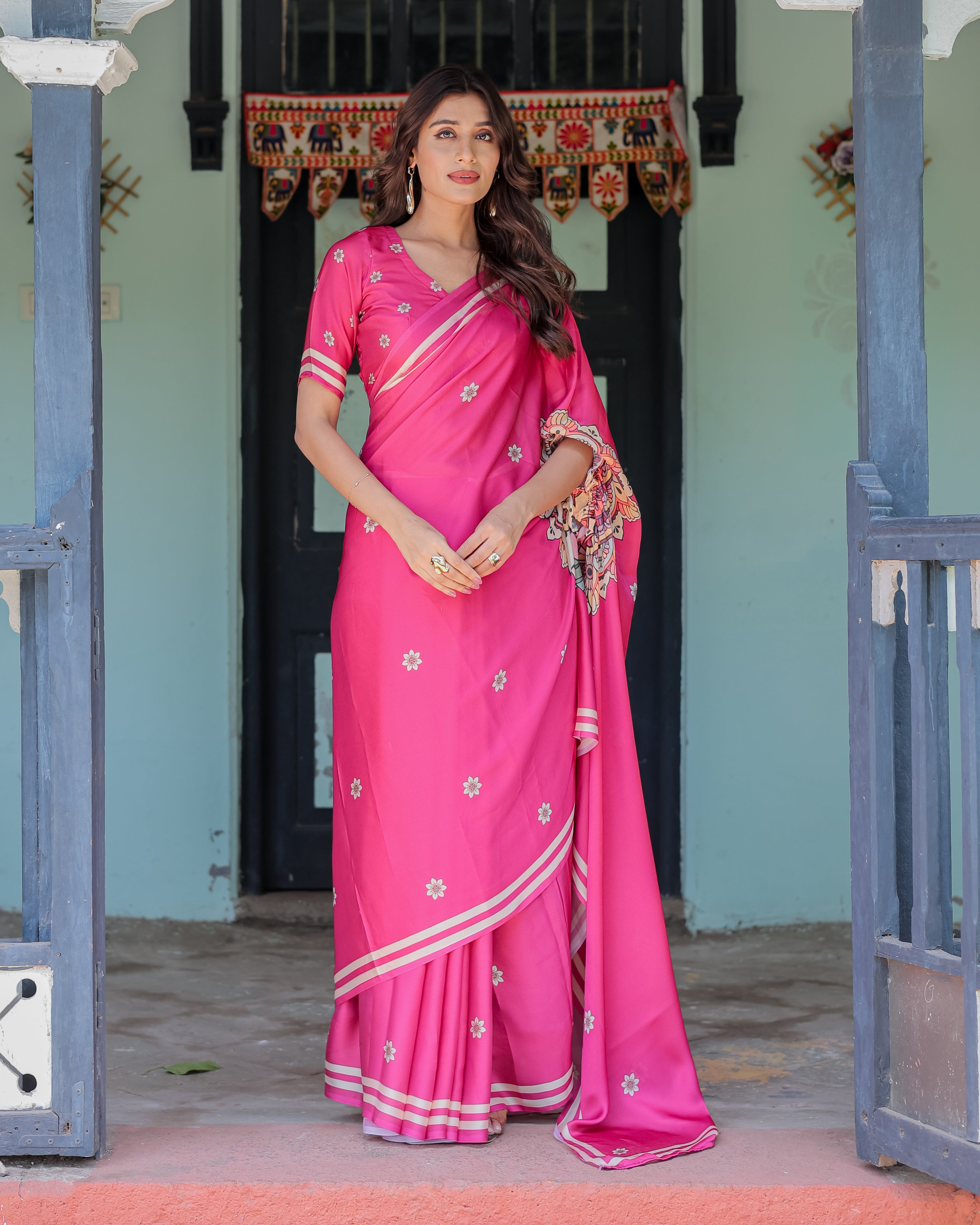 Vibrant Rani Pink Freehand Floral Printed Saree in Satin Georgette with Ivory Border & Designer Blouse | 5.5m Saree + 0.8m Blouse Piece