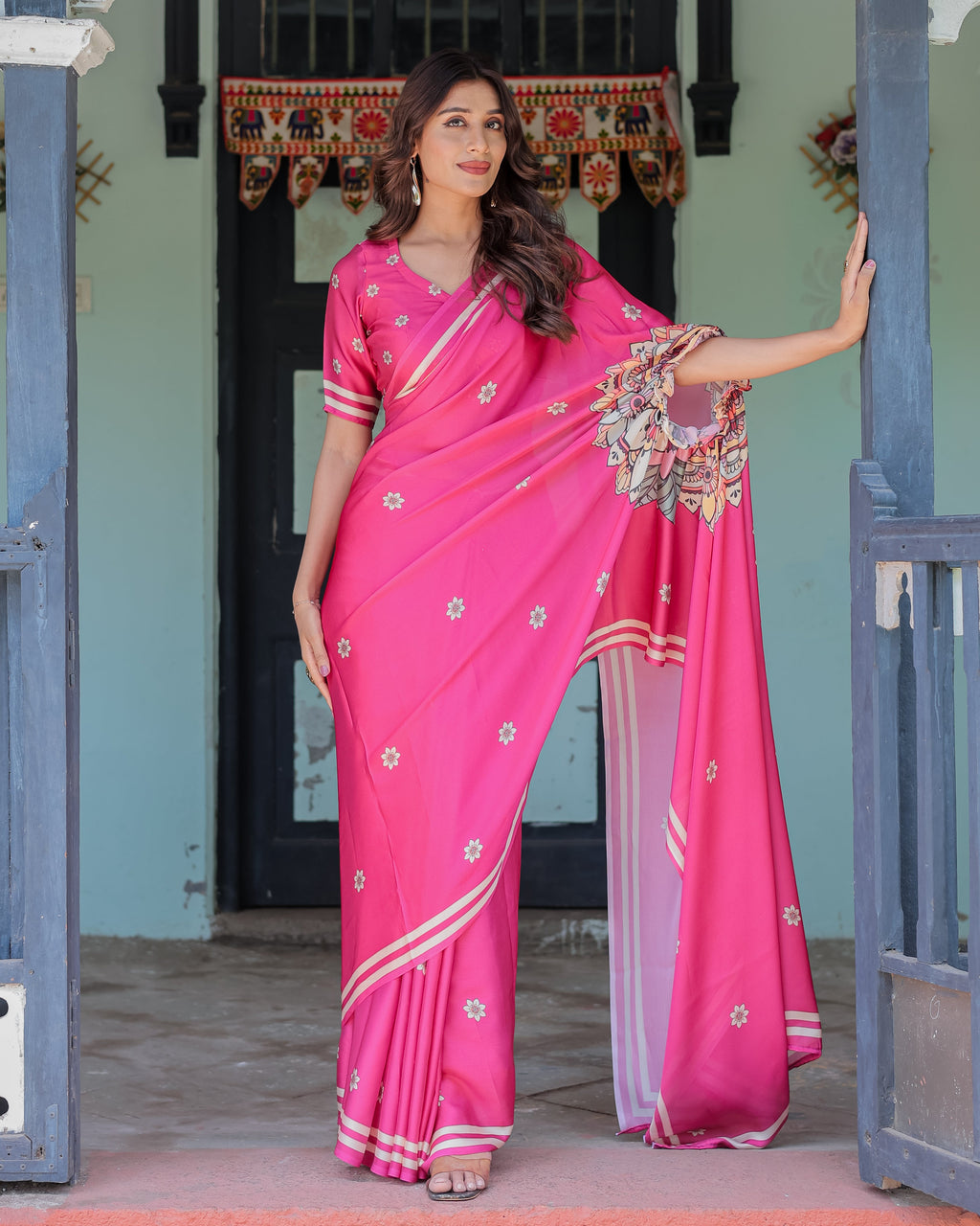 Vibrant Rani Pink Freehand Floral Printed Saree in Satin Georgette with Ivory Border & Designer Blouse | 5.5m Saree + 0.8m Blouse Piece