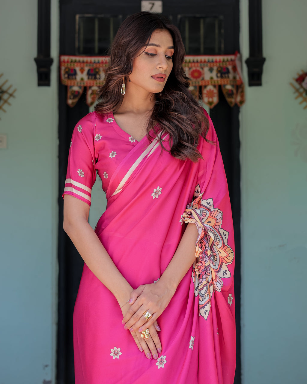 Vibrant Rani Pink Freehand Floral Printed Saree in Satin Georgette with Ivory Border & Designer Blouse | 5.5m Saree + 0.8m Blouse Piece
