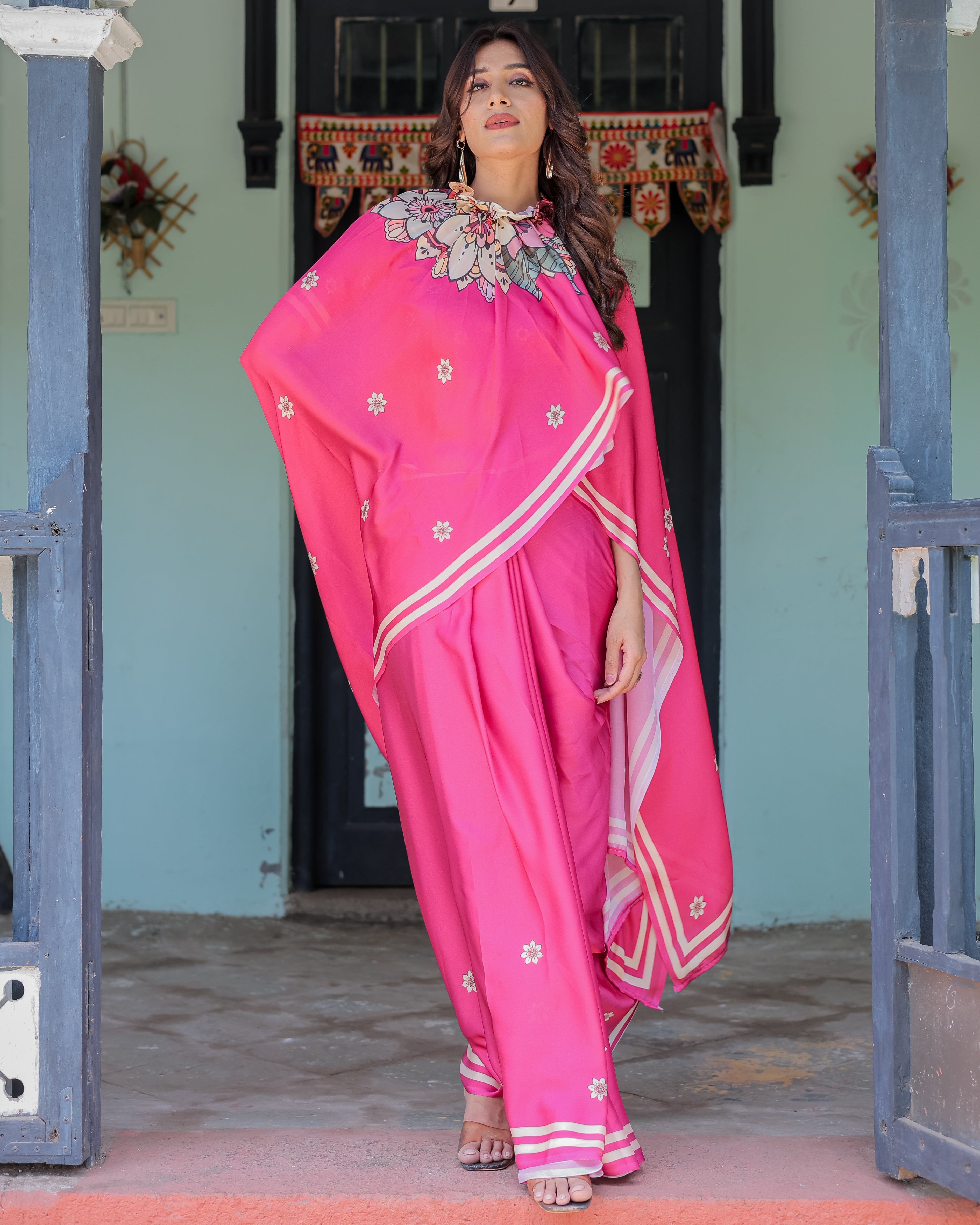 Vibrant Rani Pink Freehand Floral Printed Saree in Satin Georgette with Ivory Border & Designer Blouse | 5.5m Saree + 0.8m Blouse Piece