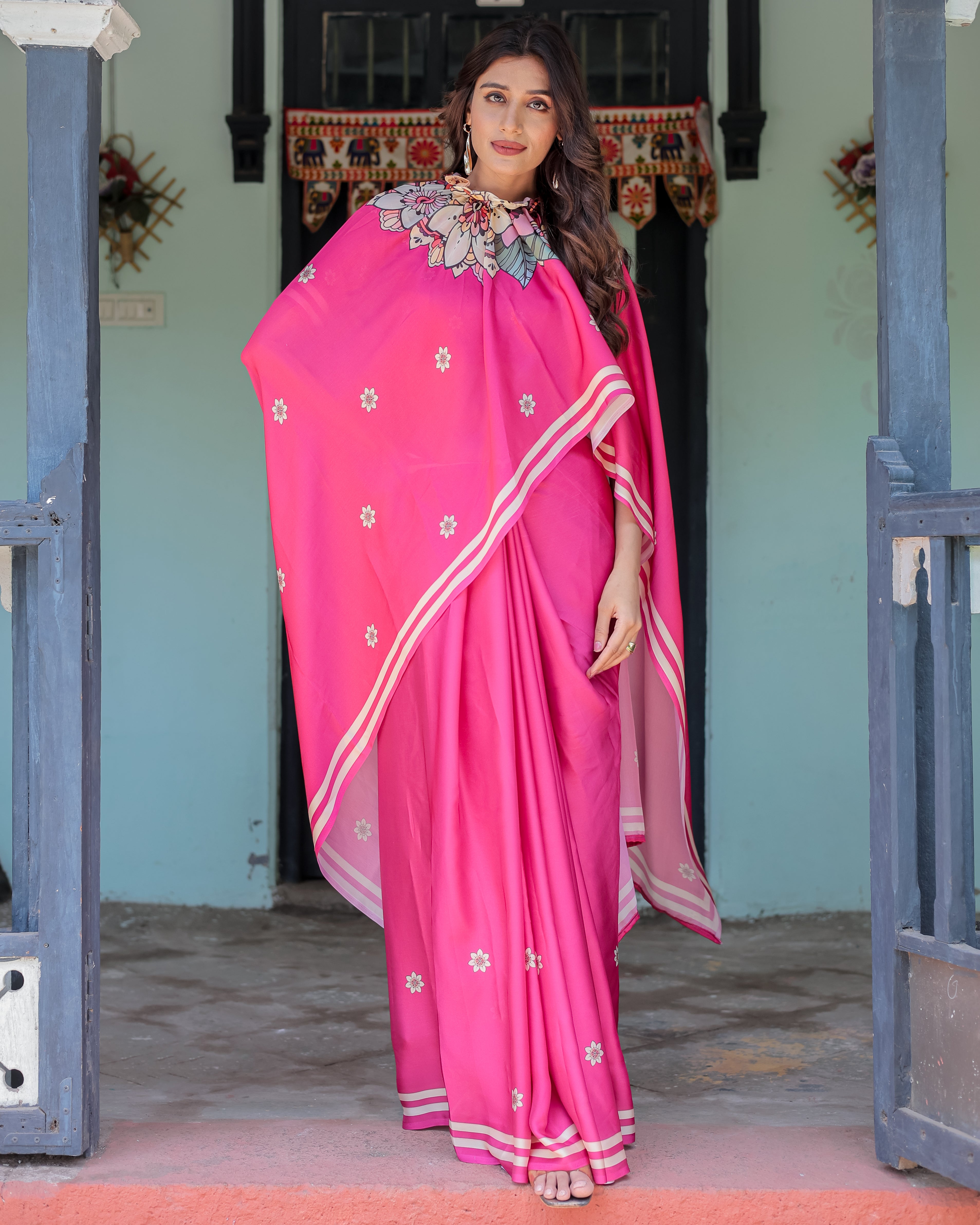 Vibrant Rani Pink Freehand Floral Printed Saree in Satin Georgette with Ivory Border & Designer Blouse | 5.5m Saree + 0.8m Blouse Piece