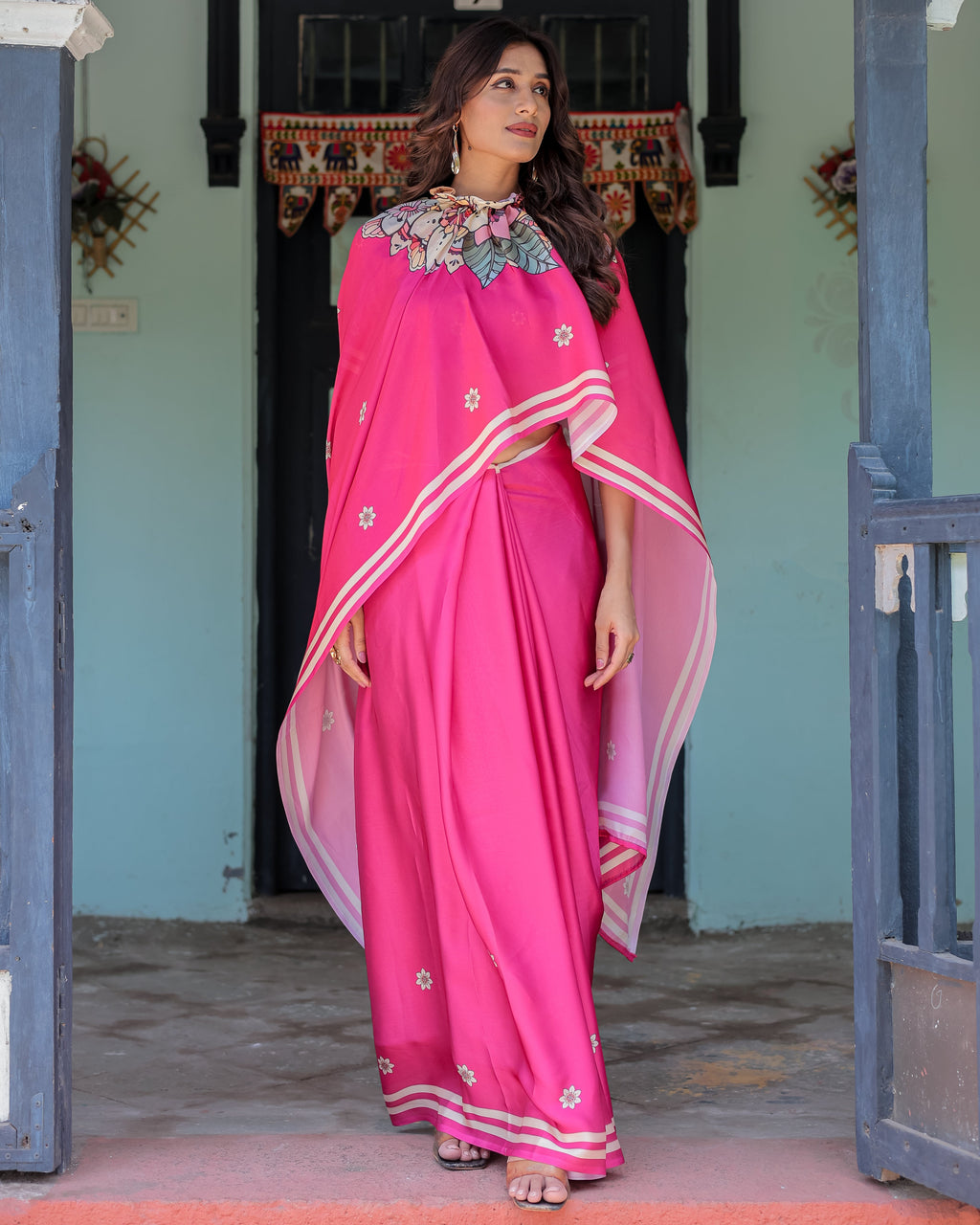 Vibrant Rani Pink Freehand Floral Printed Saree in Satin Georgette with Ivory Border & Designer Blouse | 5.5m Saree + 0.8m Blouse Piece