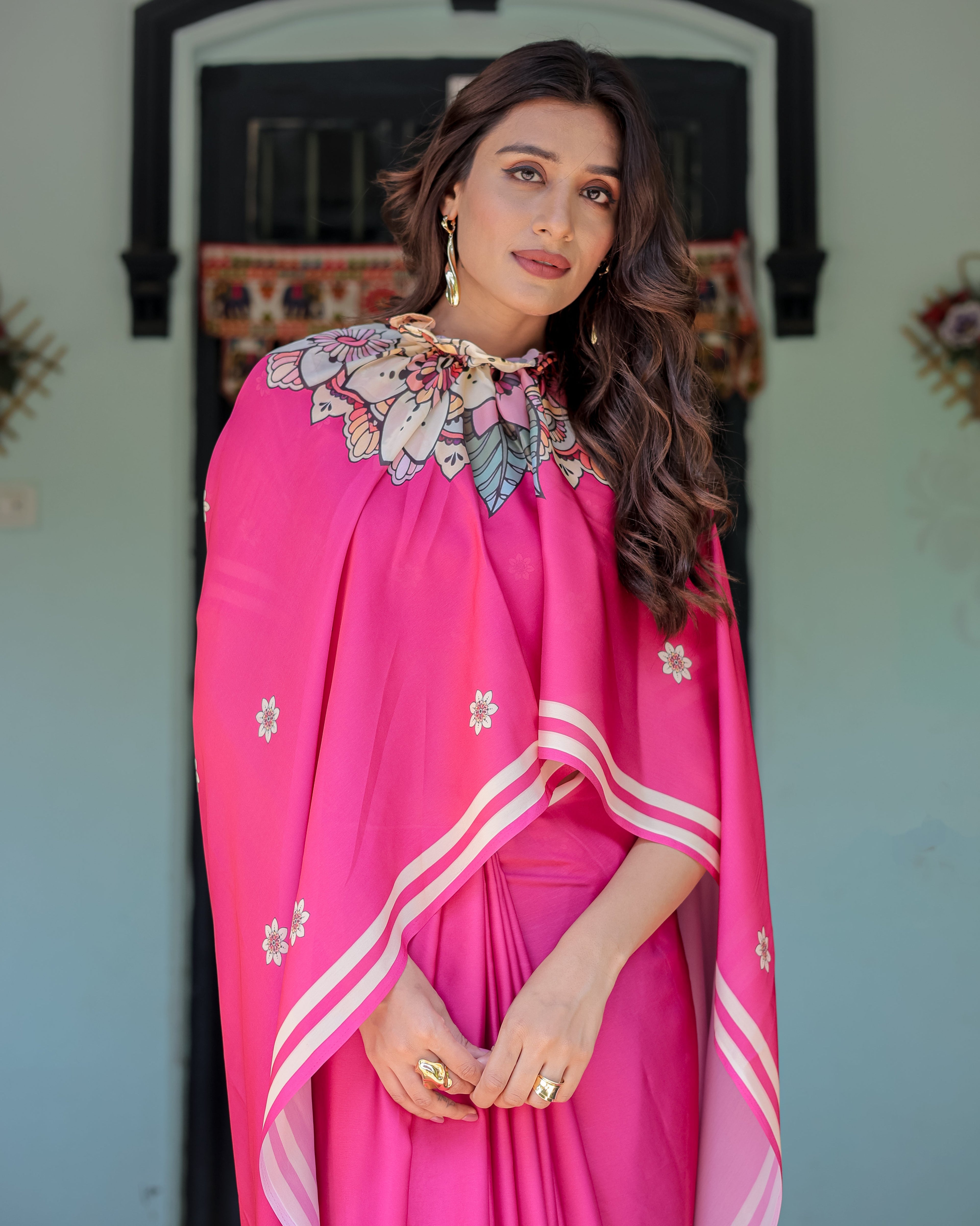 Vibrant Rani Pink Freehand Floral Printed Saree in Satin Georgette with Ivory Border & Designer Blouse | 5.5m Saree + 0.8m Blouse Piece