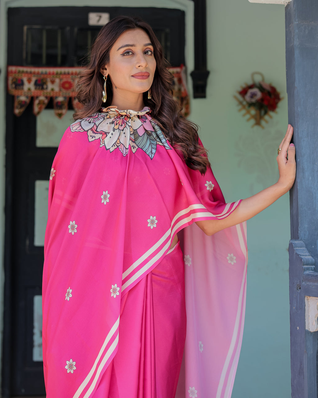 Vibrant Rani Pink Freehand Floral Printed Saree in Satin Georgette with Ivory Border & Designer Blouse | 5.5m Saree + 0.8m Blouse Piece