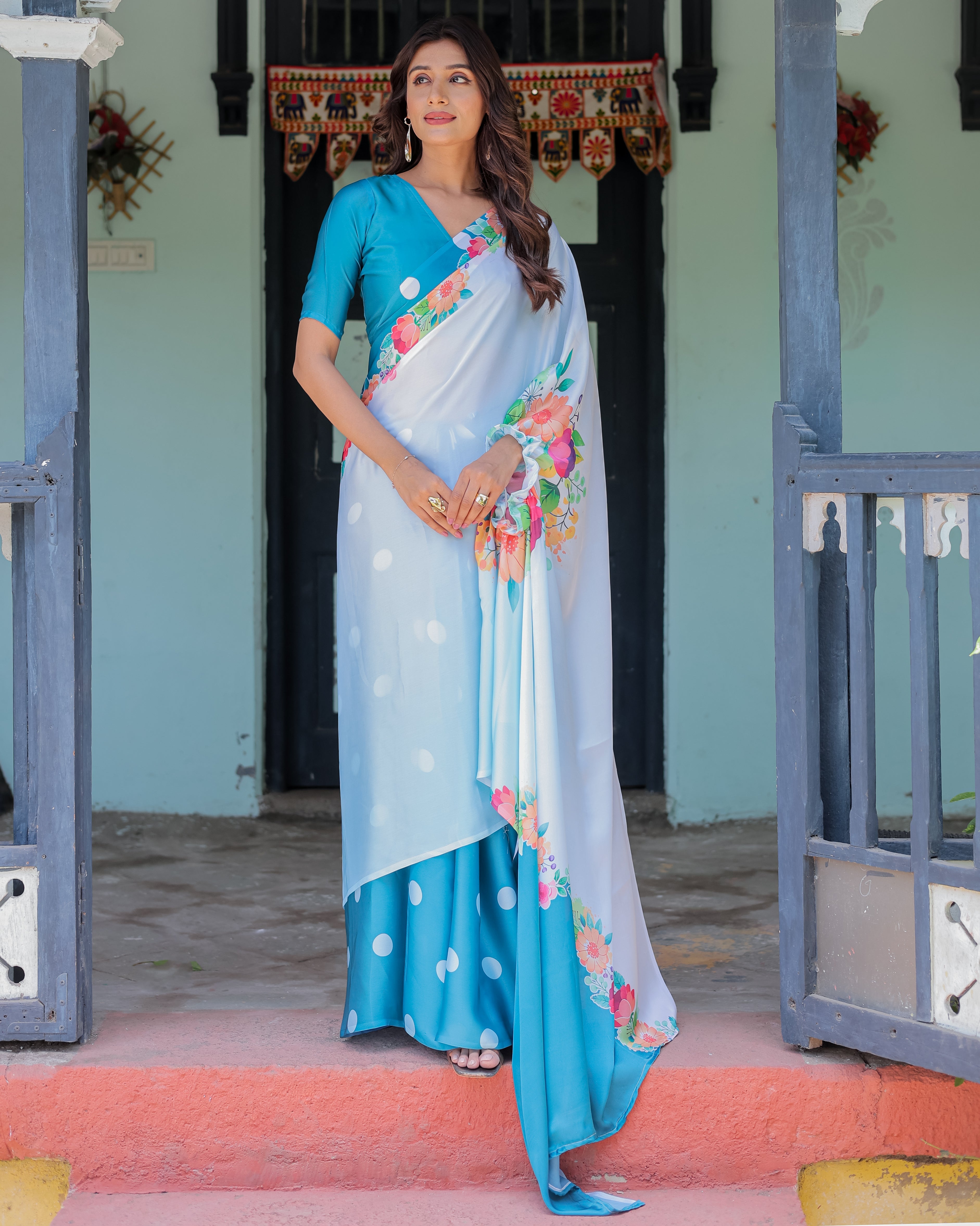 Sky Blue Satin Georgette Polka Dot Saree with Floral Pallu & Teal Blouse | Handsfree Draping Loop
