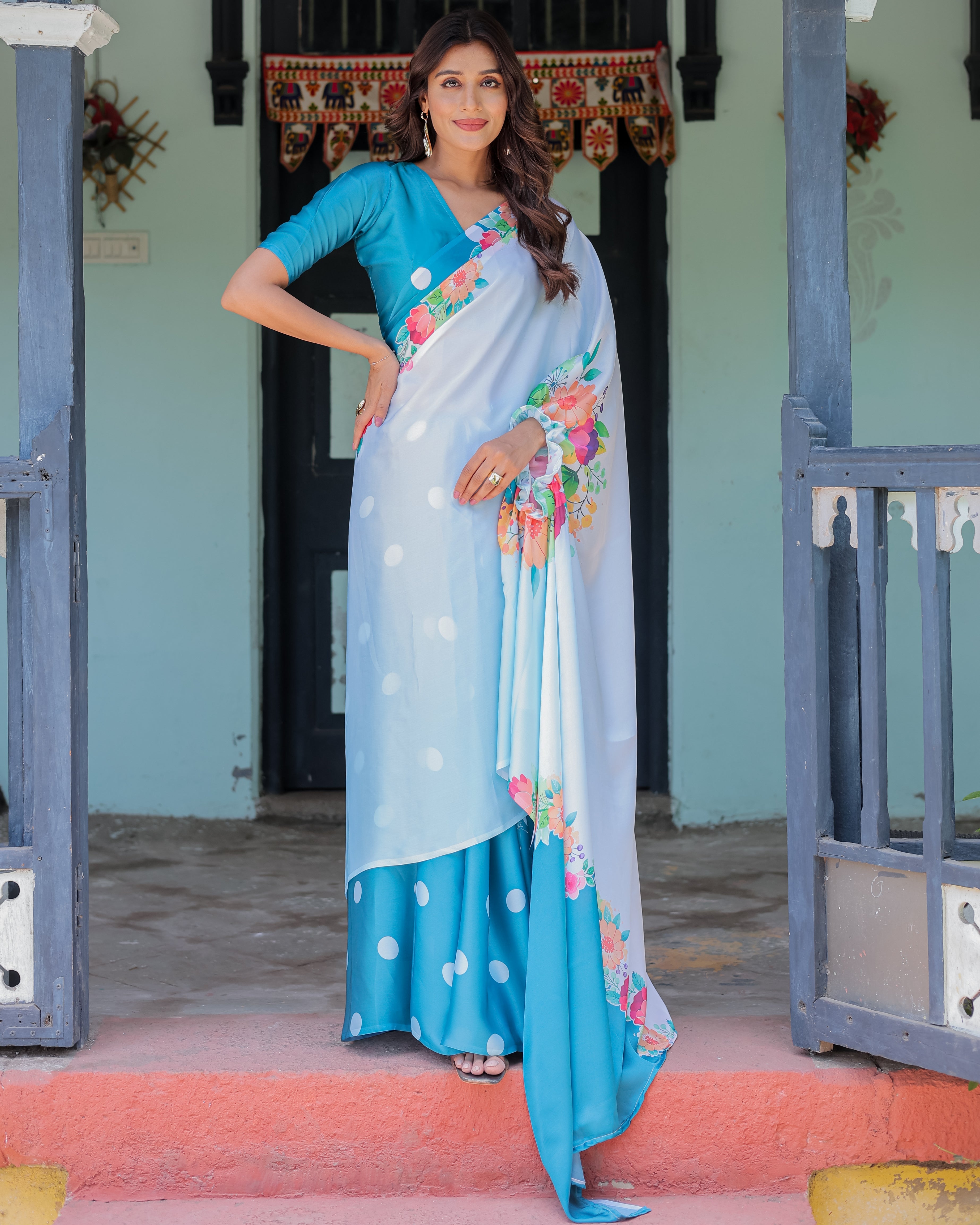 Sky Blue Satin Georgette Polka Dot Saree with Floral Pallu & Teal Blouse | Handsfree Draping Loop