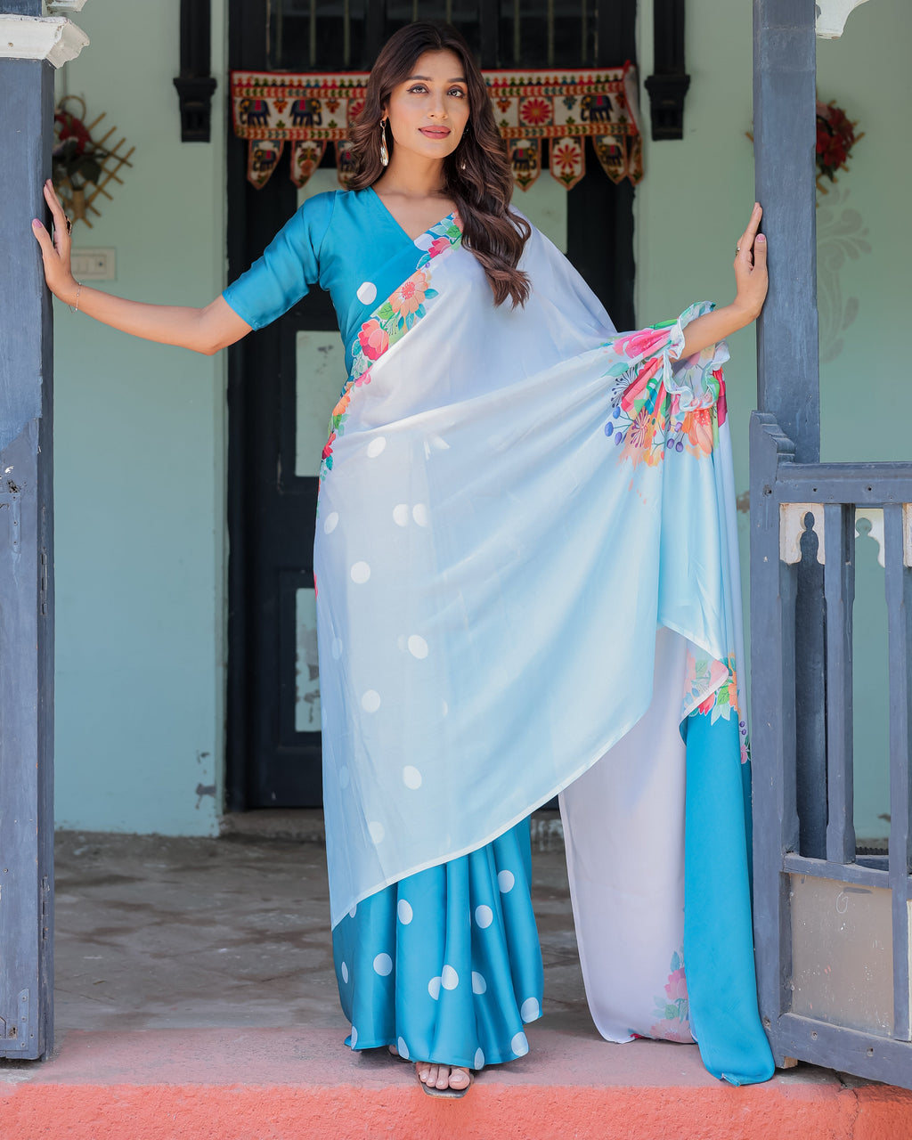 Sky Blue Satin Georgette Polka Dot Saree with Floral Pallu & Teal Blouse | Handsfree Draping Loop