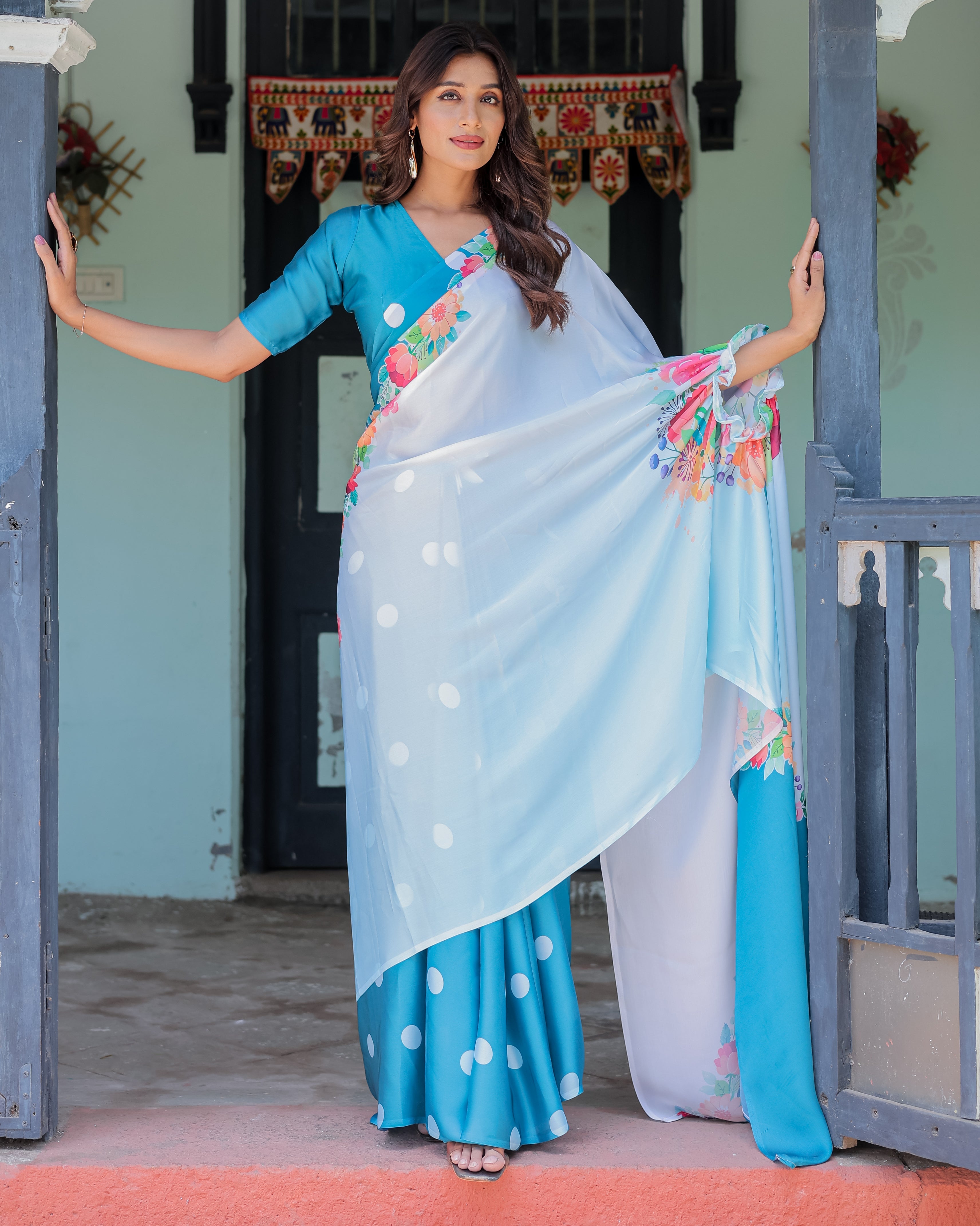 Sky Blue Satin Georgette Polka Dot Saree with Floral Pallu & Teal Blouse | Handsfree Draping Loop