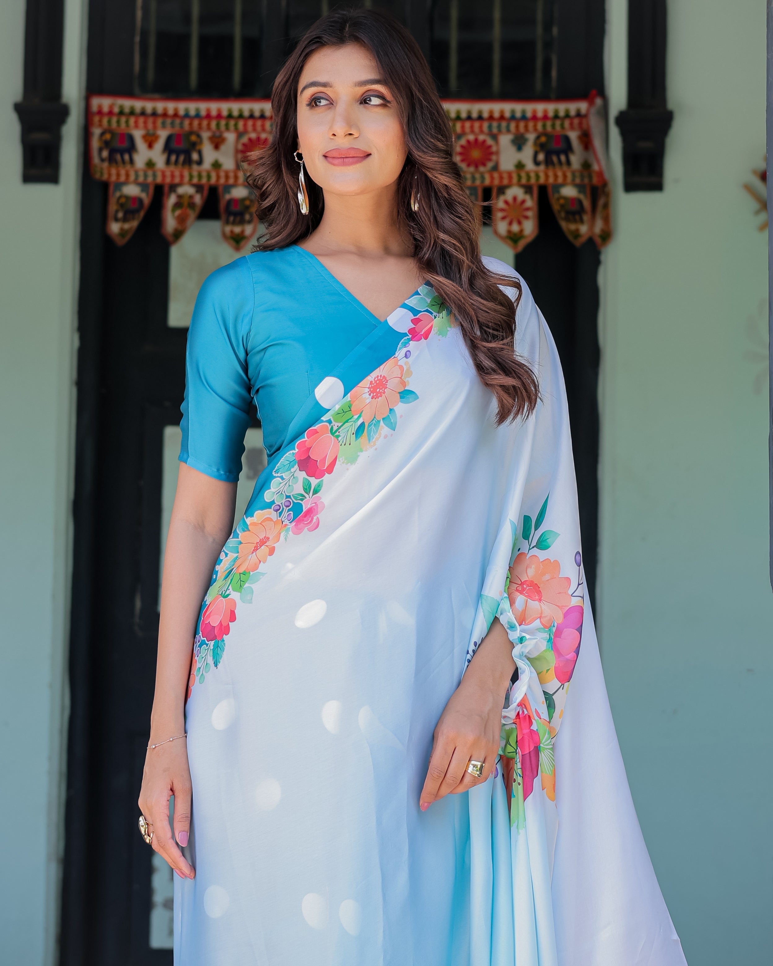 Sky Blue Satin Georgette Polka Dot Saree with Floral Pallu & Teal Blouse | Handsfree Draping Loop