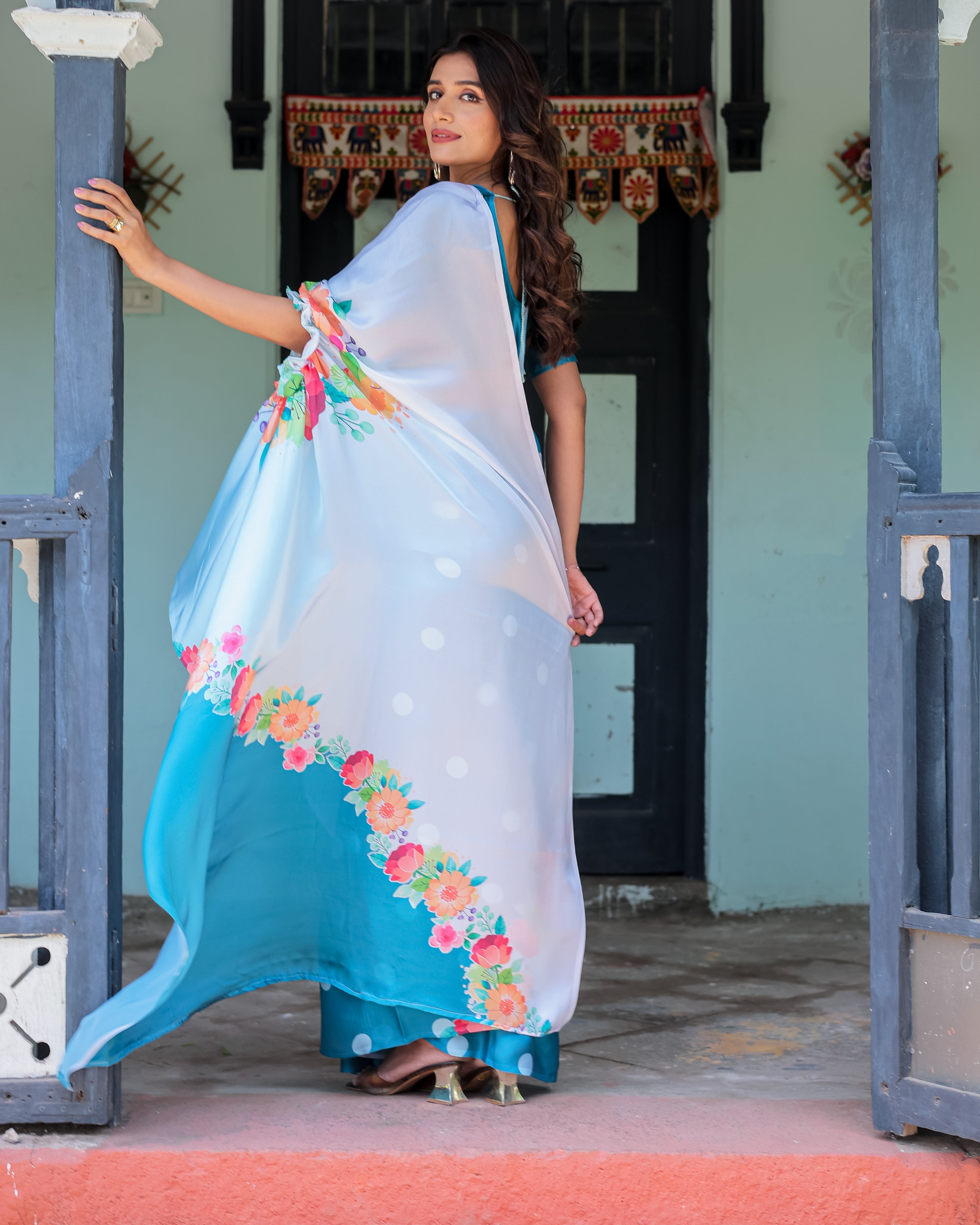 Sky Blue Satin Georgette Polka Dot Saree with Floral Pallu & Teal Blouse | Handsfree Draping Loop