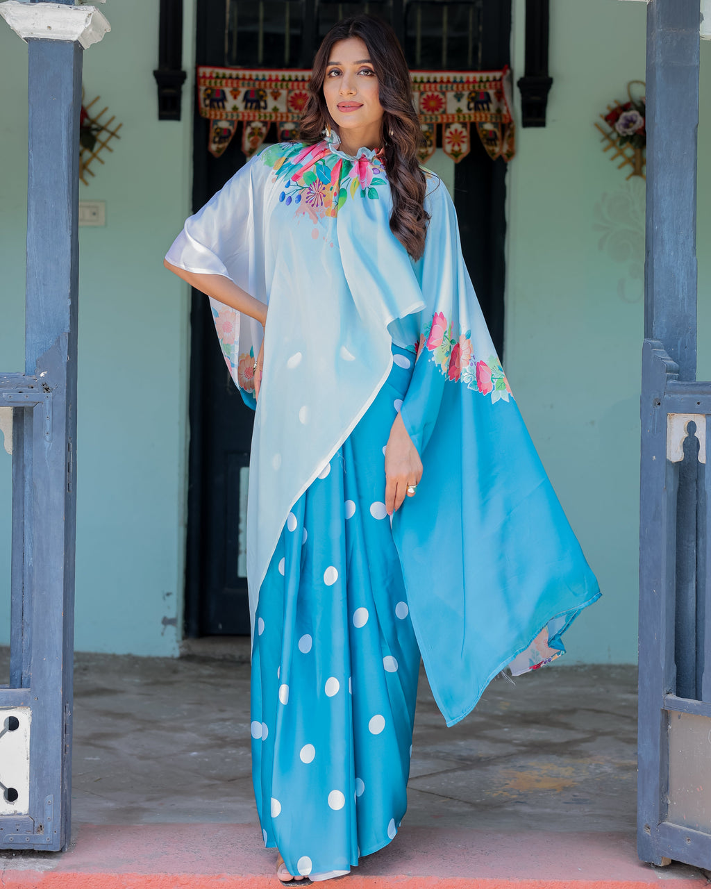 Sky Blue Satin Georgette Polka Dot Saree with Floral Pallu & Teal Blouse | Handsfree Draping Loop