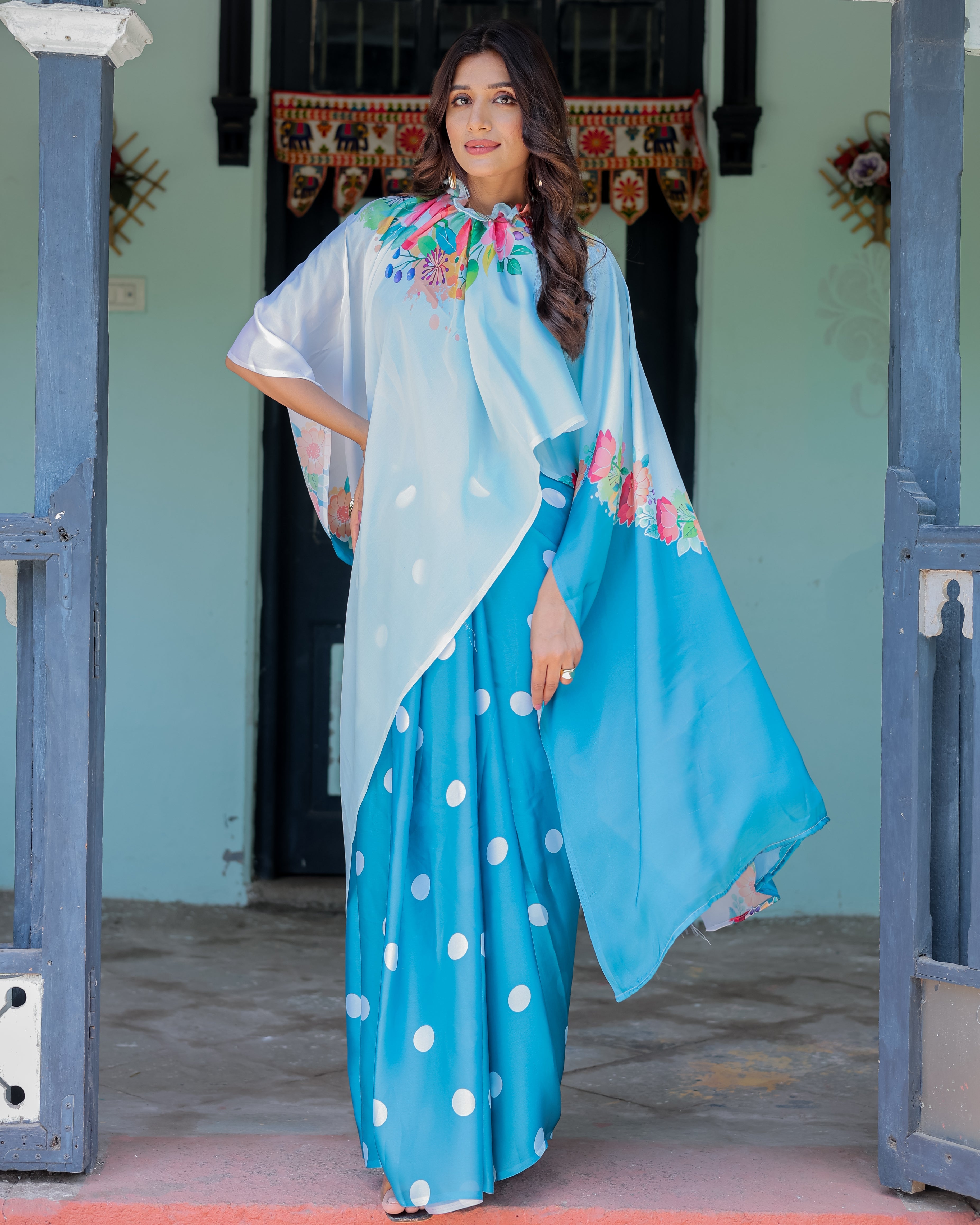 Sky Blue Satin Georgette Polka Dot Saree with Floral Pallu & Teal Blouse | Handsfree Draping Loop