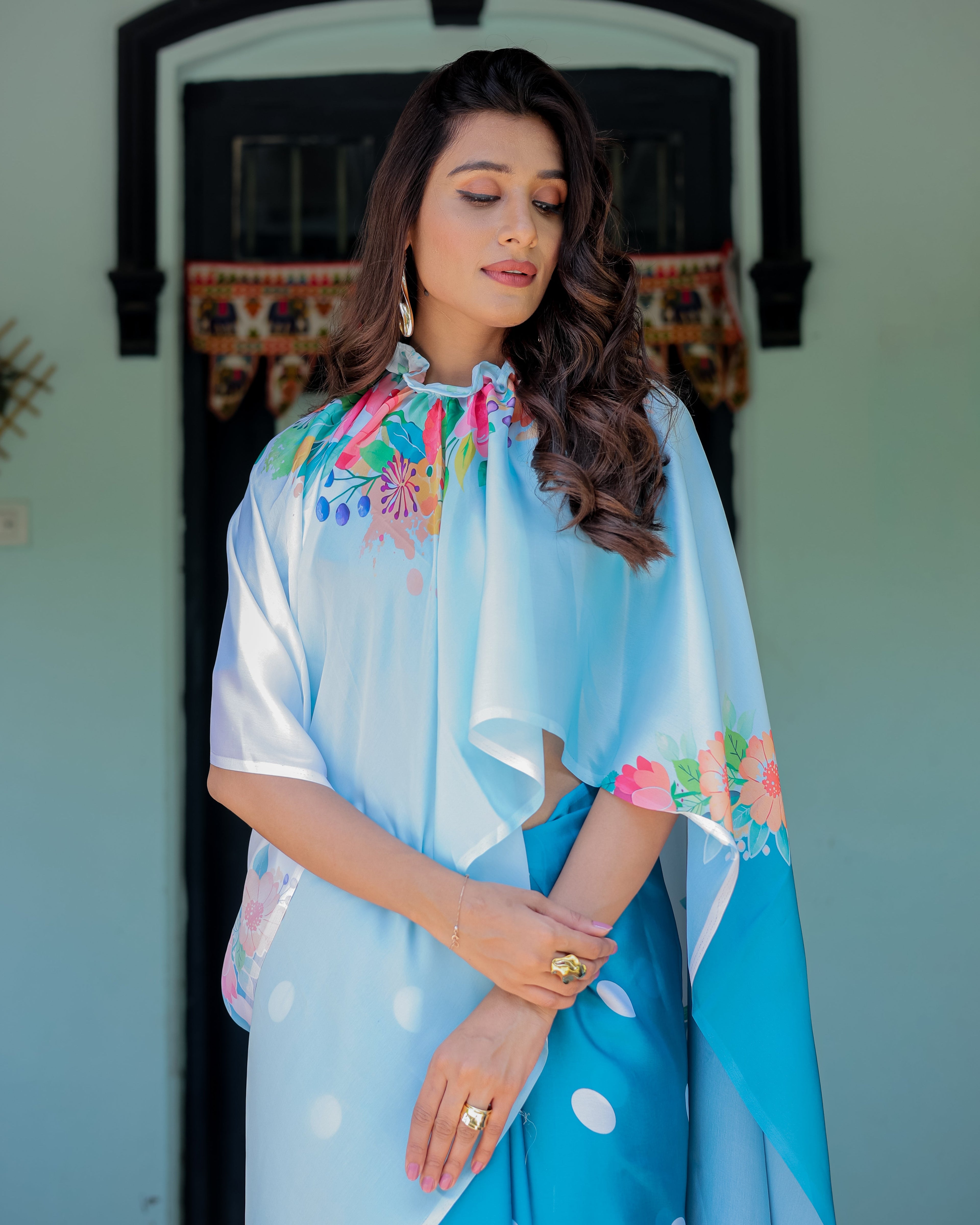 Sky Blue Satin Georgette Polka Dot Saree with Floral Pallu & Teal Blouse | Handsfree Draping Loop