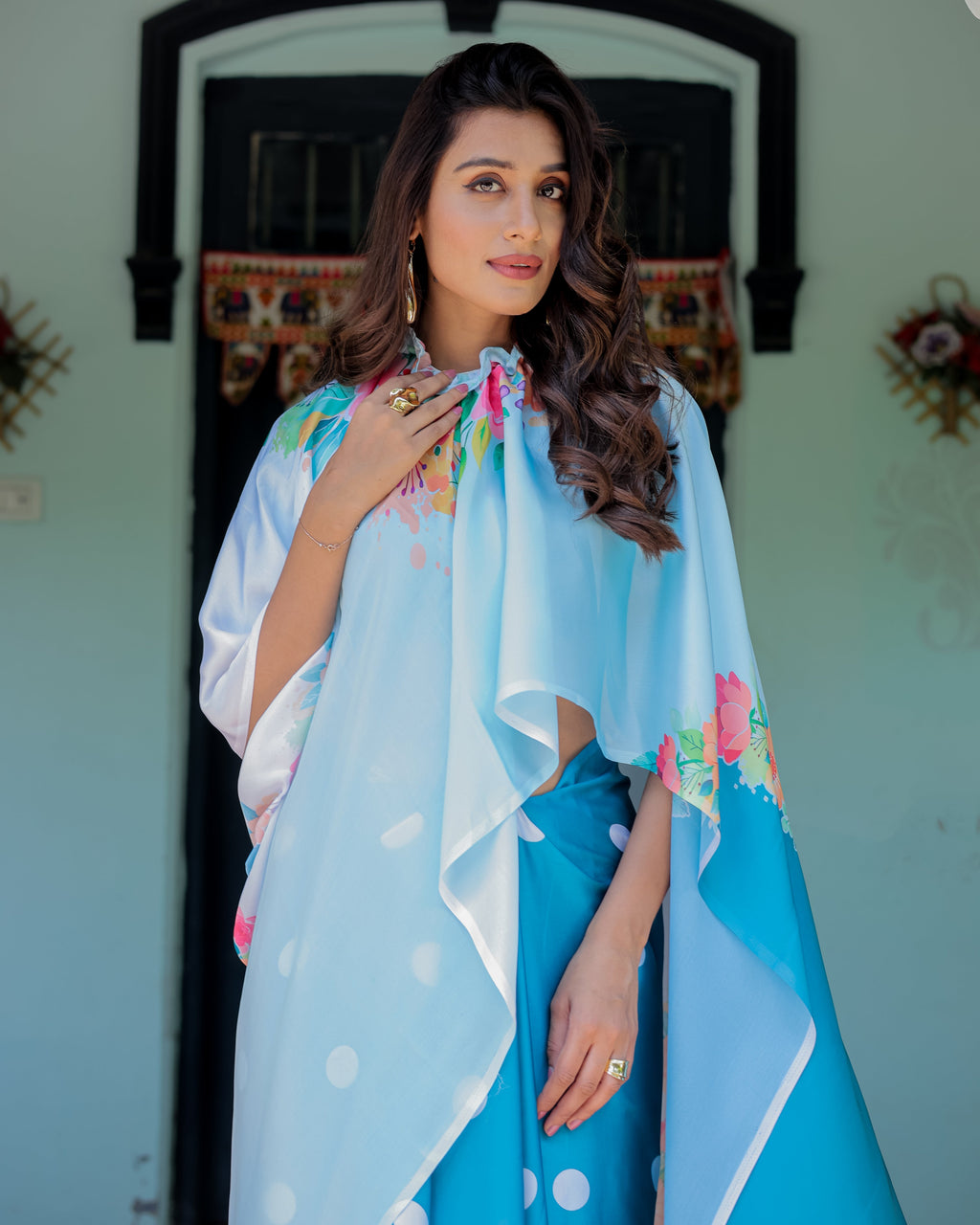 Sky Blue Satin Georgette Polka Dot Saree with Floral Pallu & Teal Blouse | Handsfree Draping Loop