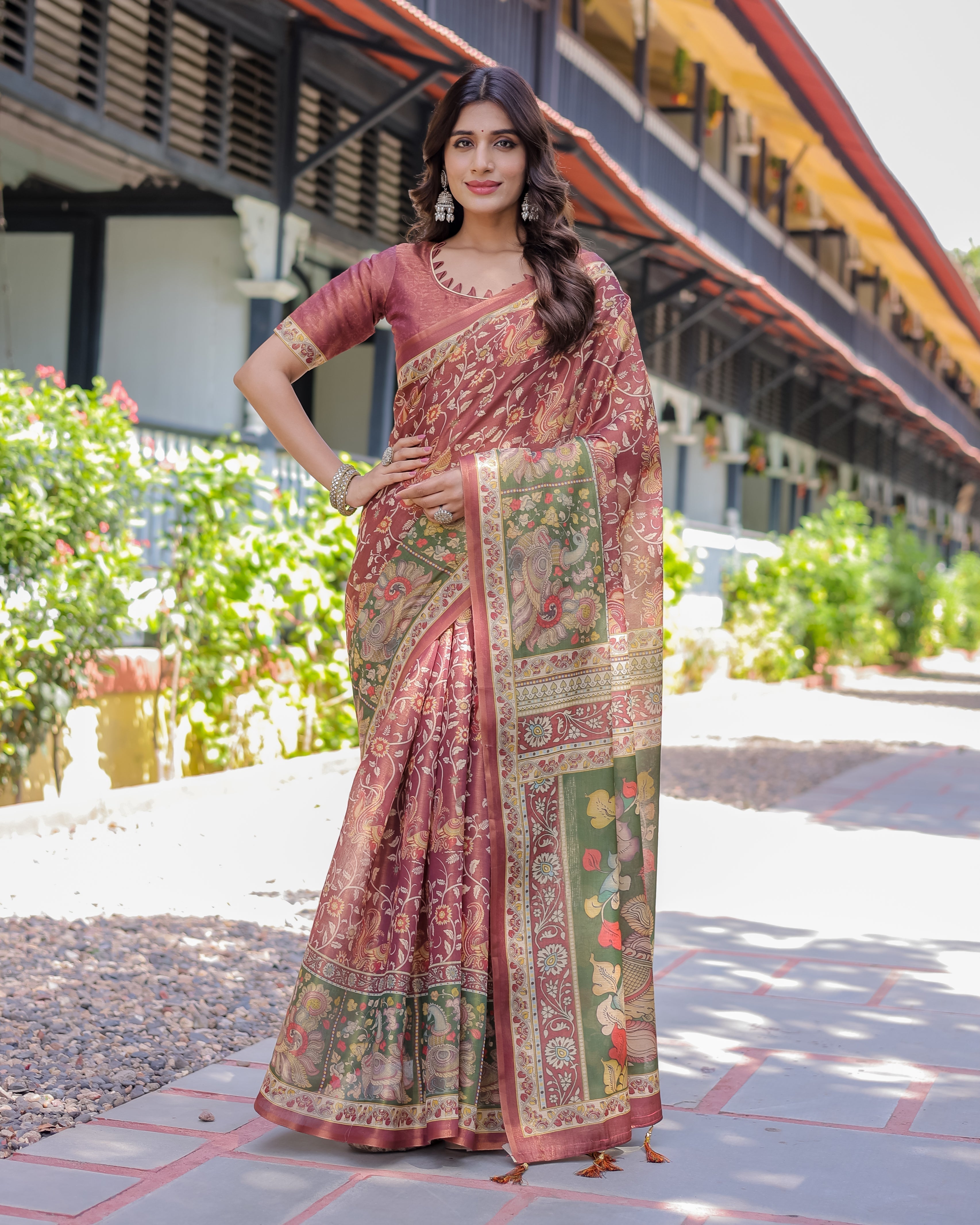 Maroon Handloom Cotton Saree with Intricate Peacock & Floral Art – Contrast Green Pallu