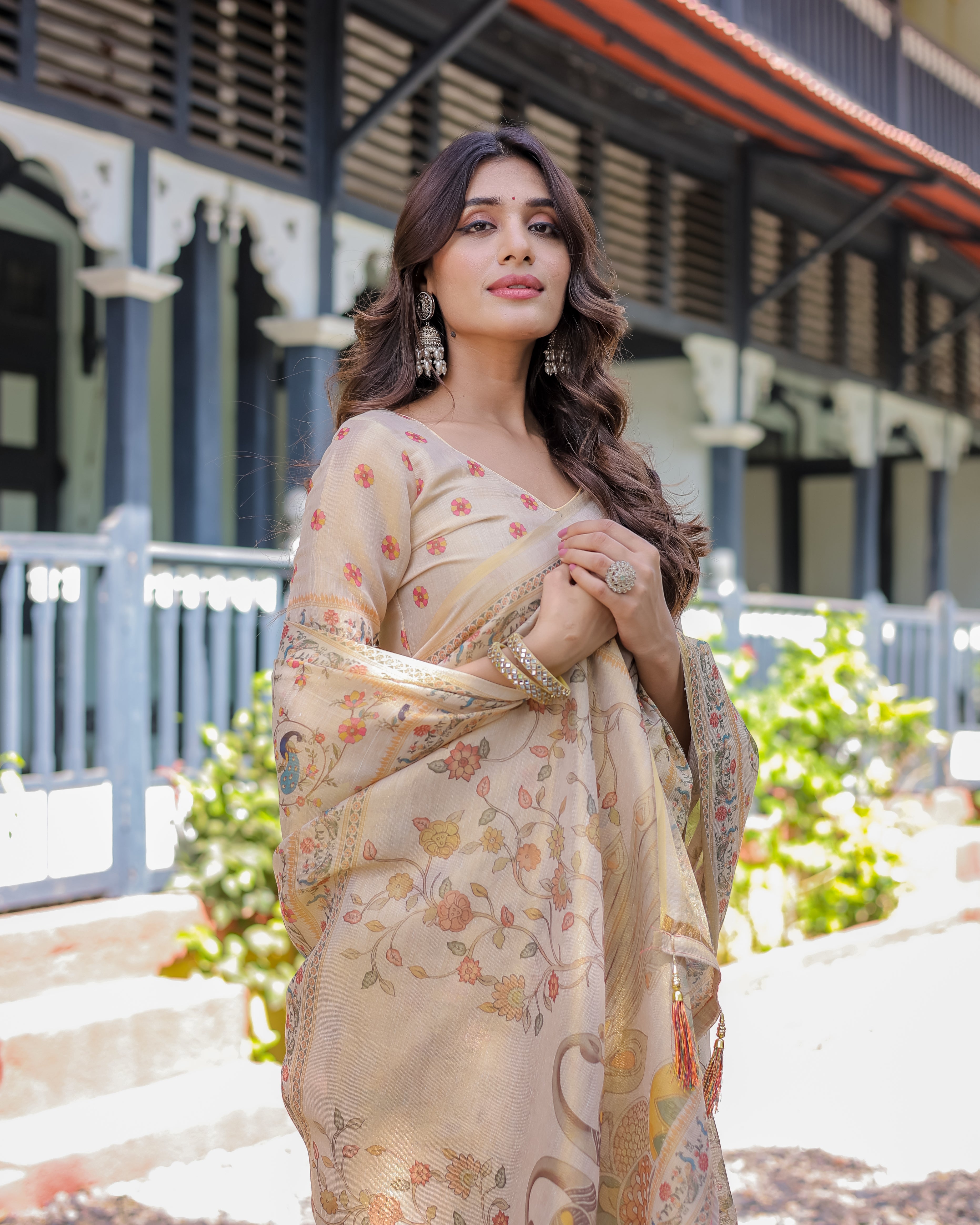 Ivory Cream Handloom Cotton Saree with Peacock & Floral Digital Print