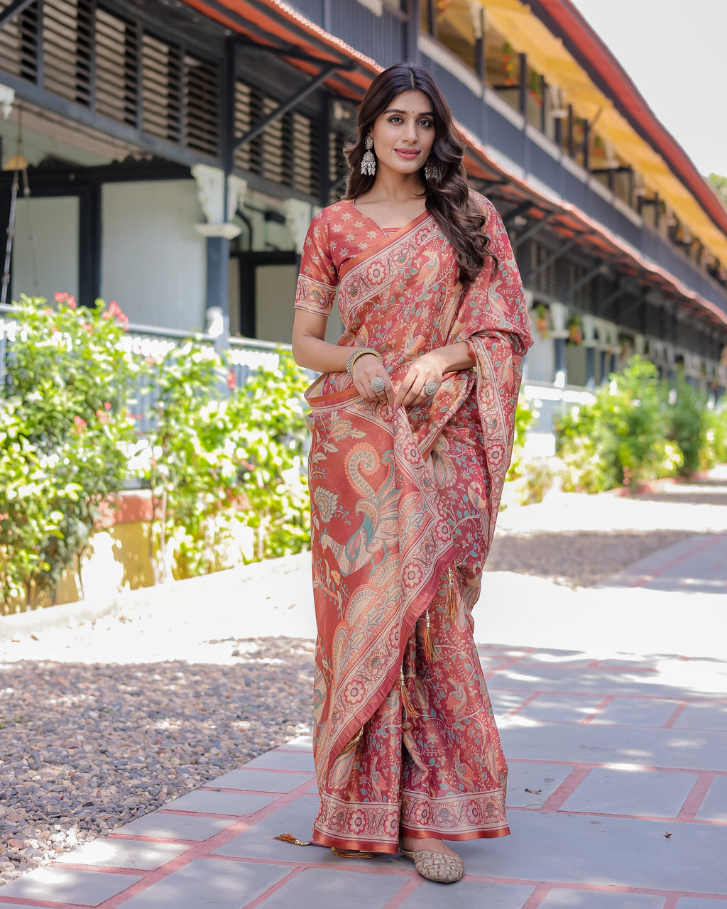 Rust Red Handloom Cotton Saree with Artistic Peacock & Floral Print – Contrast Blouse Included