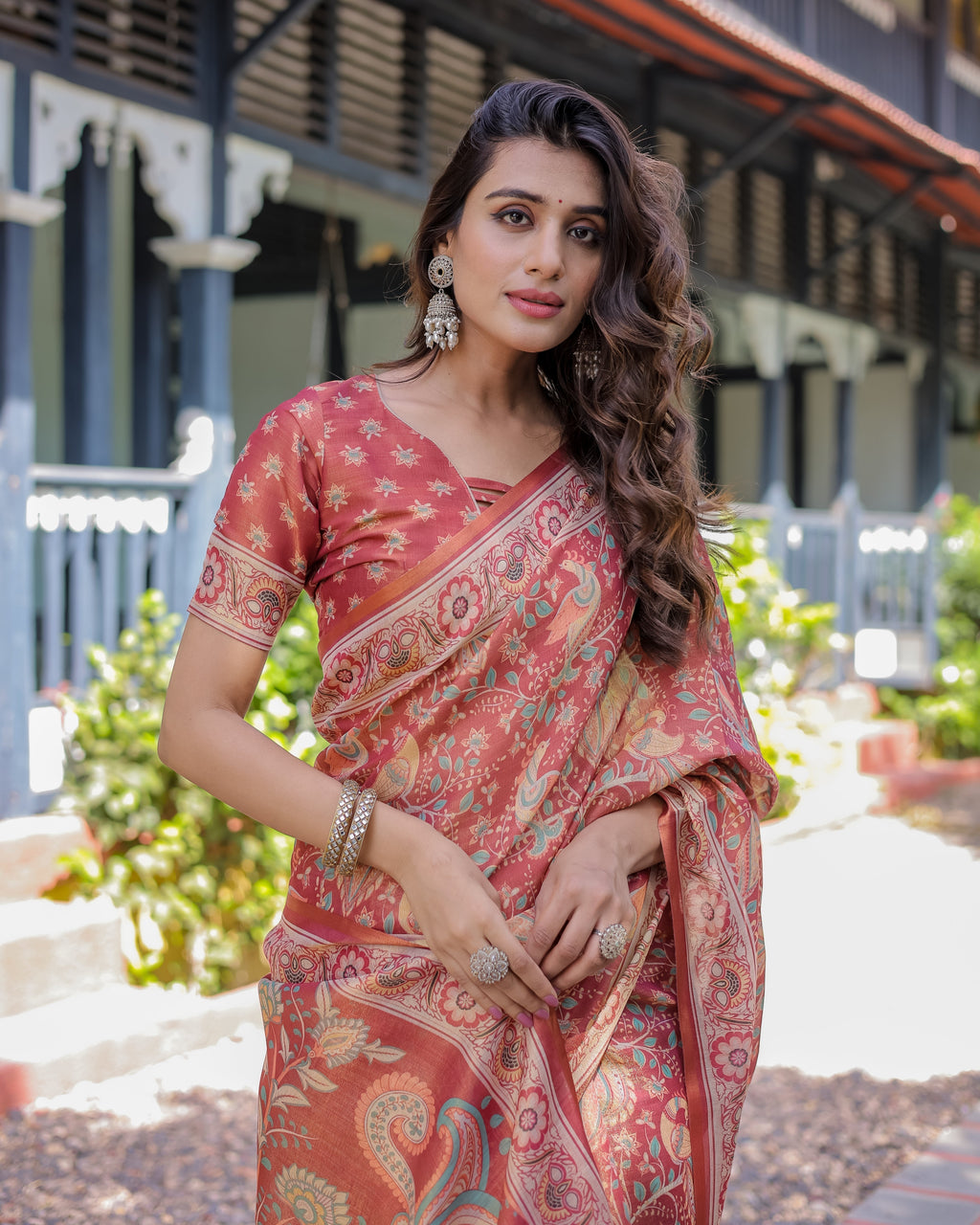Rust Red Handloom Cotton Saree with Artistic Peacock & Floral Print – Contrast Blouse Included