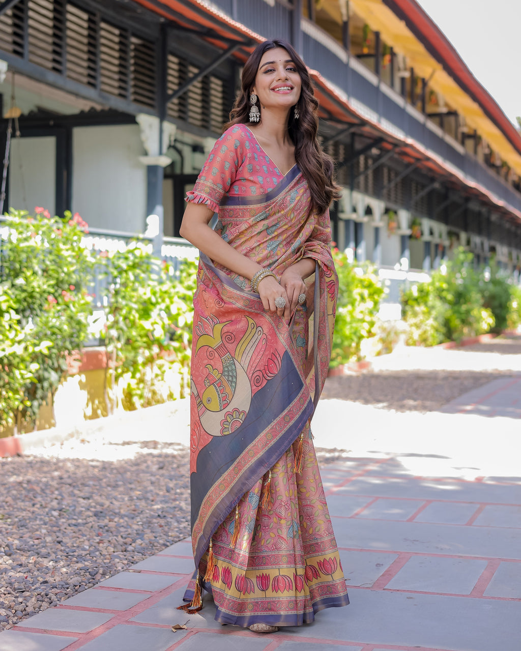 Peach Pink Handloom Cotton Saree with Lotus & Bird Motifs and Navy Border Pallu