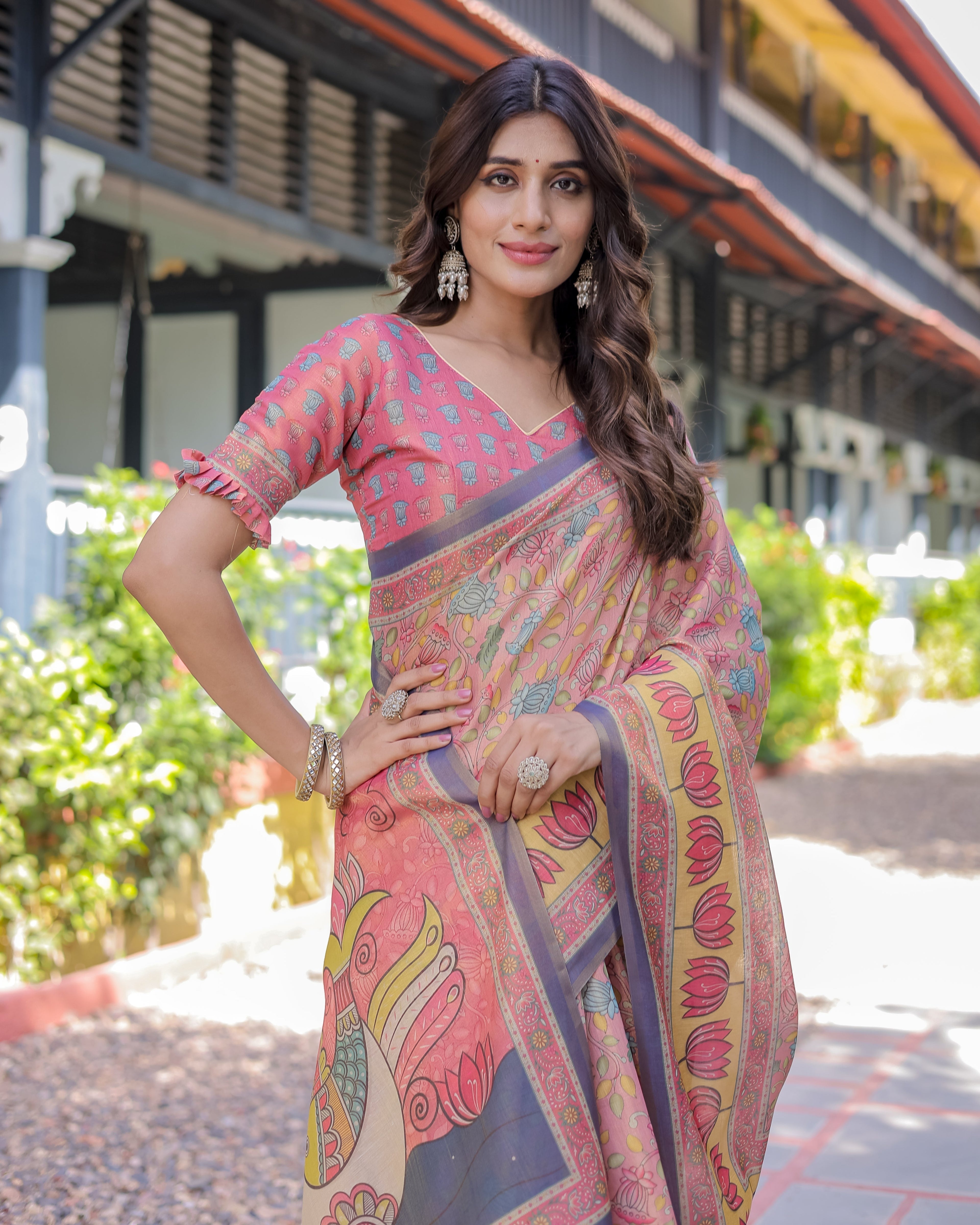 Peach Pink Handloom Cotton Saree with Lotus & Bird Motifs and Navy Border Pallu